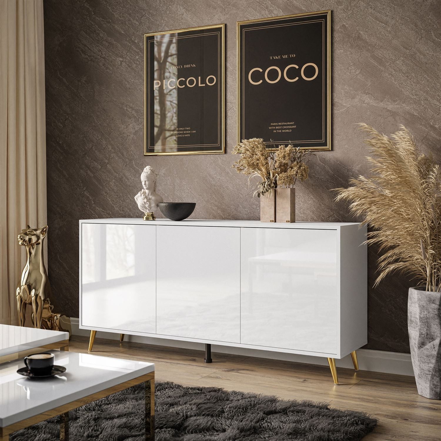 ALLHOUSE24 Kommode MANDY Dreitürige Kommode in Hochglanz Sideboard Kaschmir Weiß (1x Kommode), Breite: 154 cm