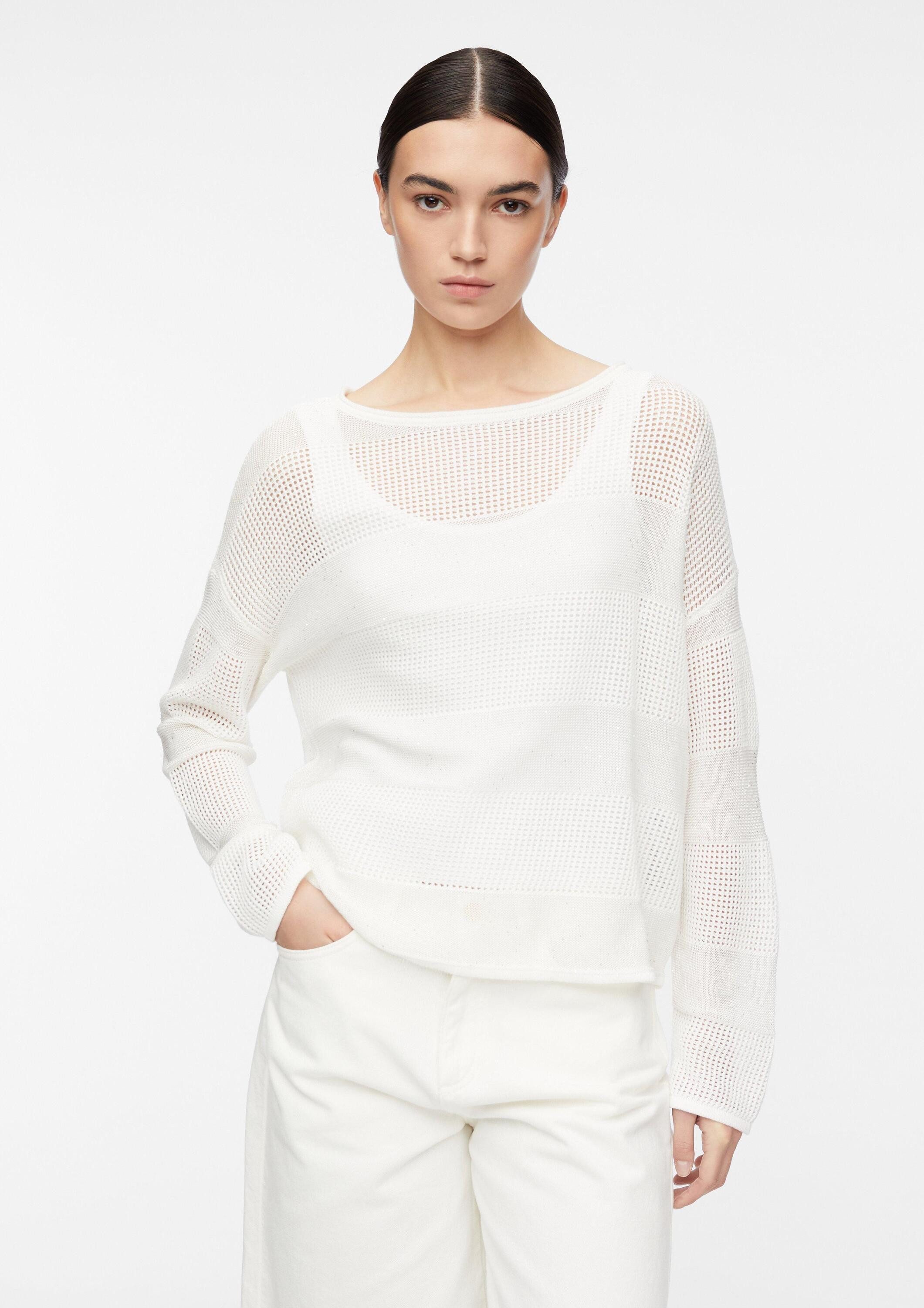 comma Longpullover Strickpullover Pullover aus Ajourstrick mit feinen Pailletten
