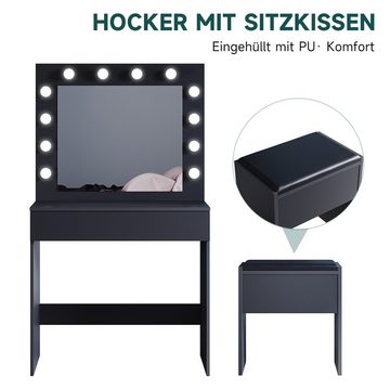SONNI Schminktisch Schwarz, mit LED-Beleuchtung, 80x40x140cm,3 Lichtmodi, mit Spiegel, Hocker, Schublade,Kosmetiktisch,Speicherfunktion
