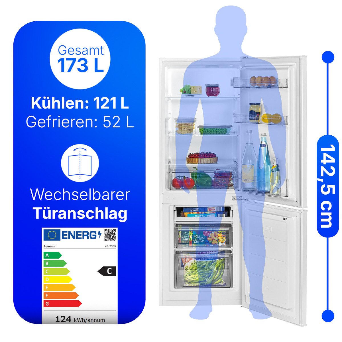 BOMANN Kühl-/Gefrierkombination KG 7359, 142.5 cm hoch, 49.5 cm breit, 143cm Kühl-/Gefrierkombination, Energieklasse C