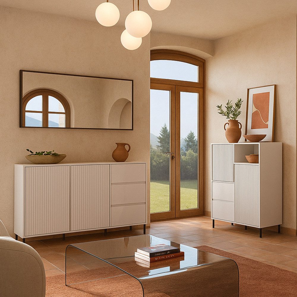 Lomadox Wohnzimmer-Set AMELIA-129, (Mega-Spar-Set, 2-St., Highboard Sideboard), Sideboard Highboard weiß Rillen