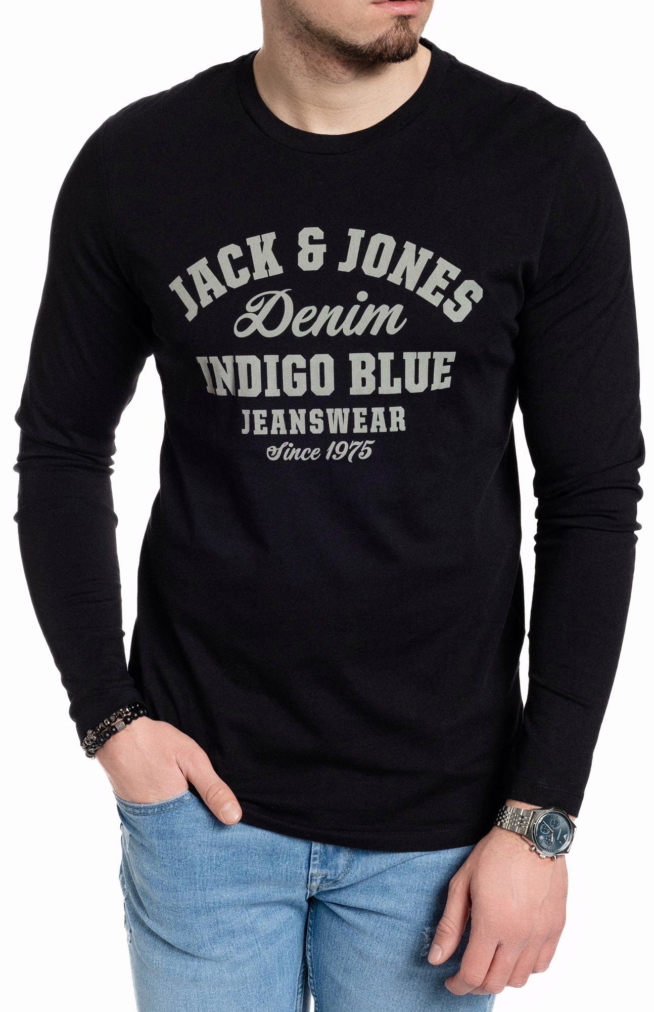 Jack Baumwolle, Langarmshirt vorne aus & Print mit Jones BlackOPT4-Grey