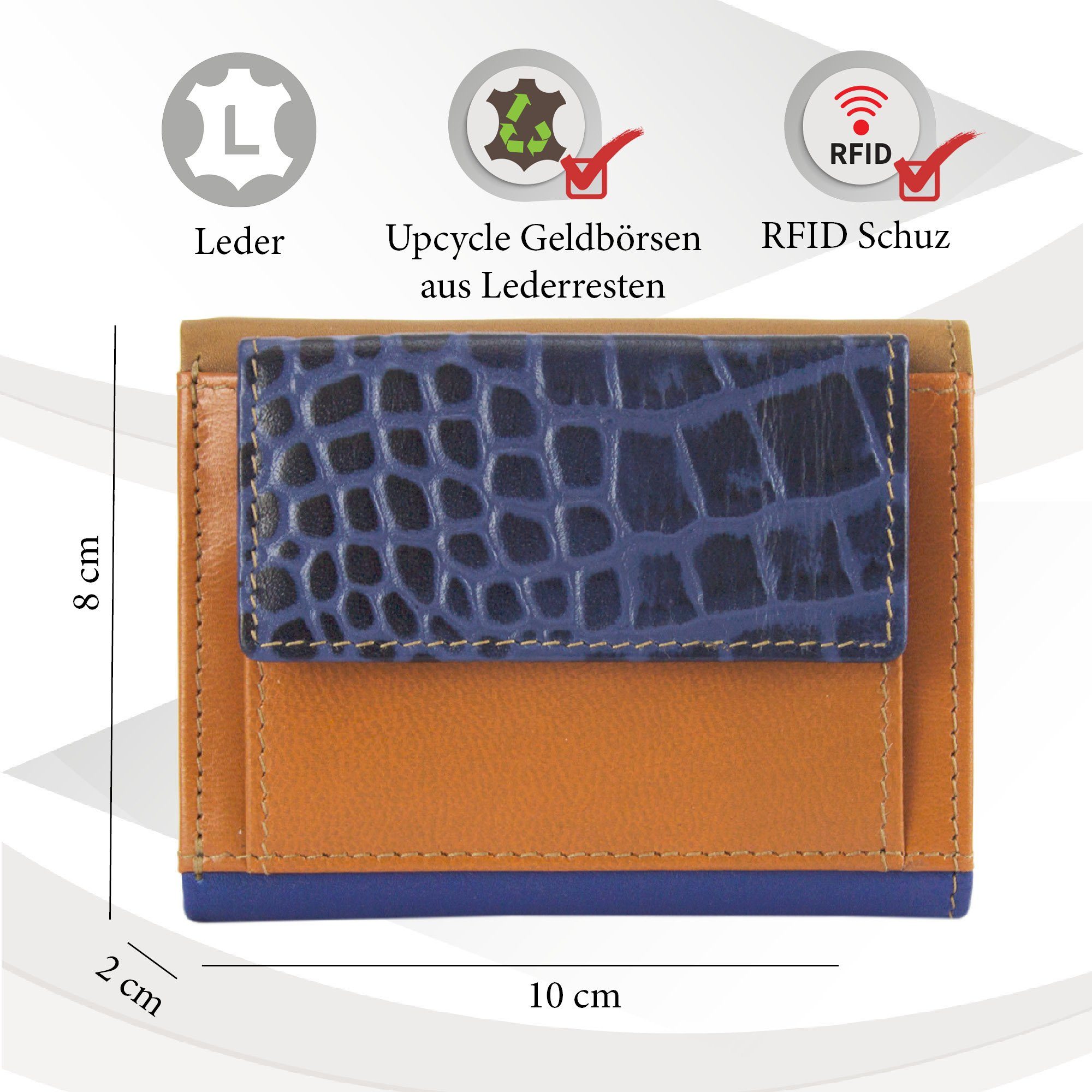 Sunsa Mini Geldbörse blau/braun RFID-Schutz, mit Unisex Portemonnaie Geldbeutel aus Leder echt Geldbörse recycelten Lederresten, klein Mini Leder, Brieftasche