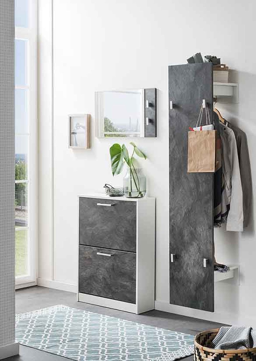 Concept GmbH Garderoben-Set (3er Set) in Weiß/Schiefer - 94x150x17 (BxHxT), (3er Set, 3er Set)