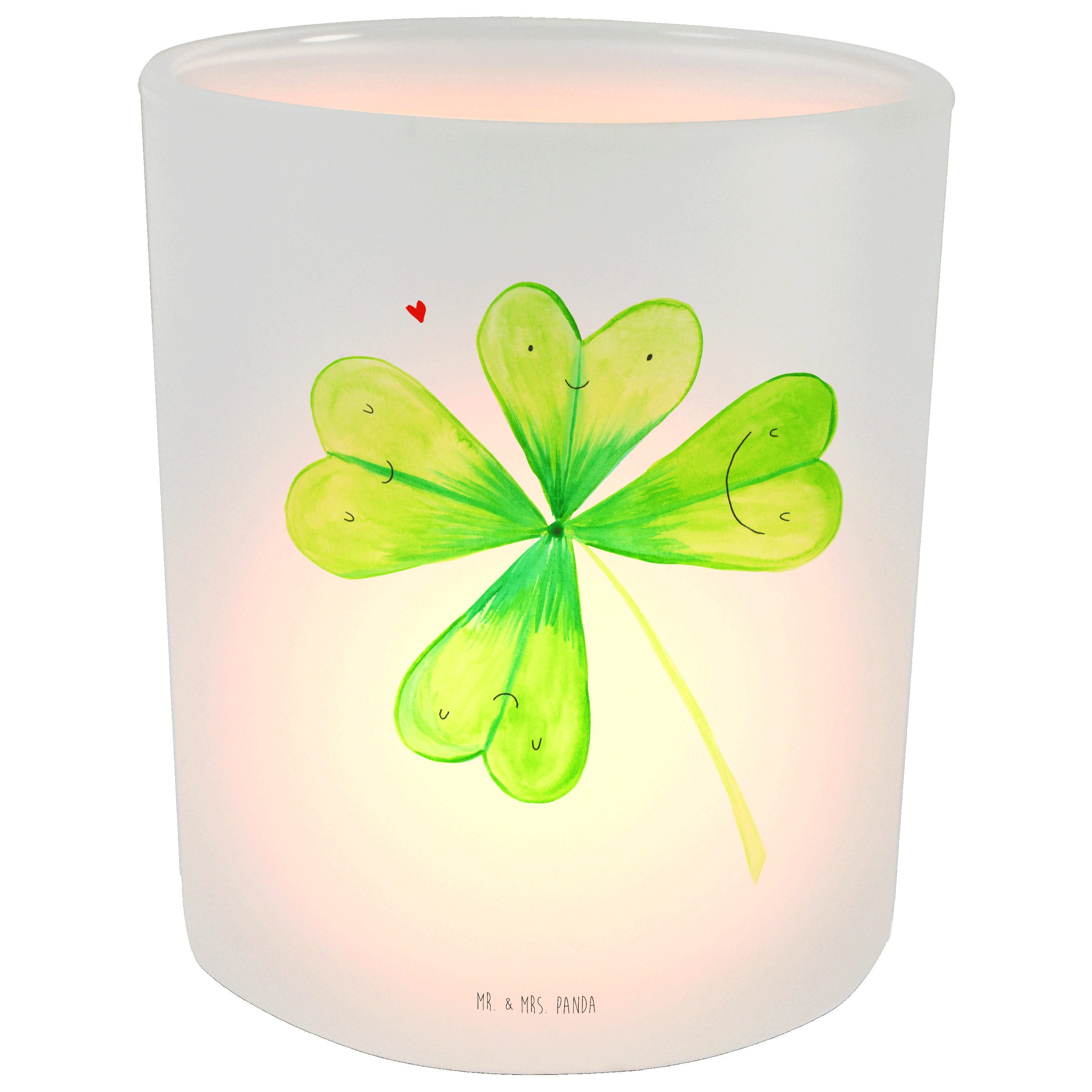 Windlicht Mr. & Kle Teelichtglas, - Geschenk, Mrs. (1 - St) Panda Kleeblatt Windlicht Transparent Glas,