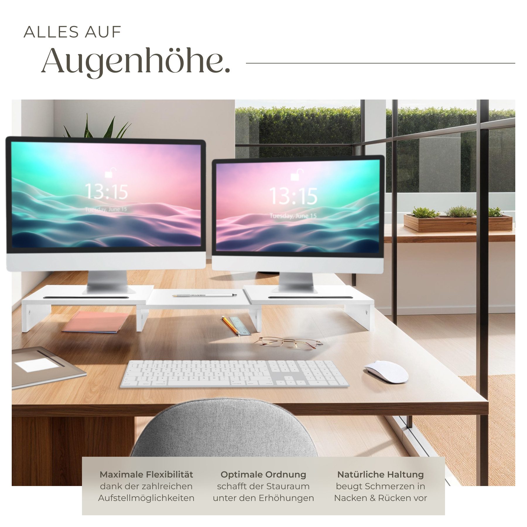 tectake Schreibtischaufsatz Monitorständer, 3-teilig, breitenverstellbar, schwenkbare Seitenteile