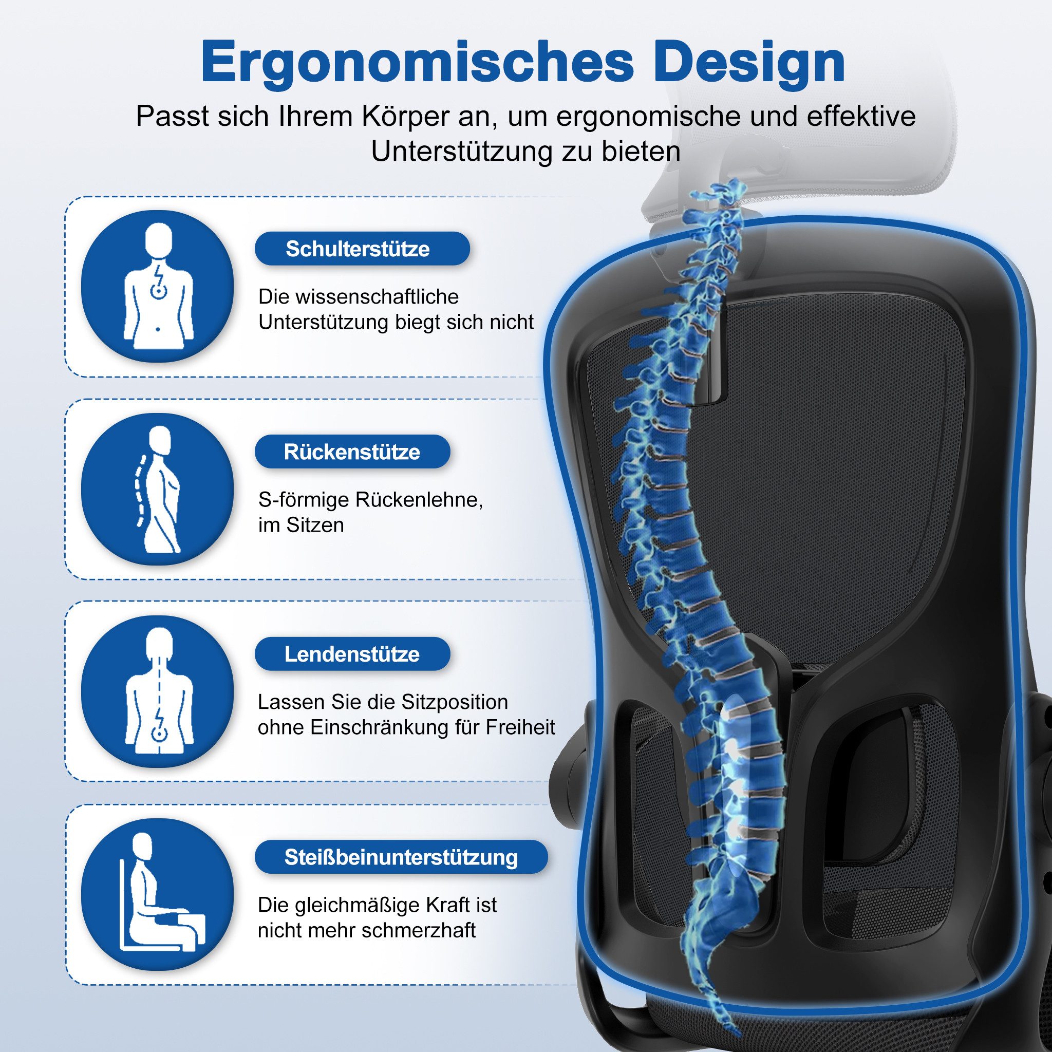 Adormii Bürostuhl Ergonomischer Bürostuhl mit klappbaren Armlehnen und Rückenlehnen (Drehstuhl mit Drehbare, höhenverstellbarer Kopfstütze, geräuscharme Rollen, 90°-135° Wippfunktion Bürostuhl, belastbar bis 150kg, Netz atmungsaktiv, Chefsessel), Leise Rollen, getestet und garantiert für 2-Jahre