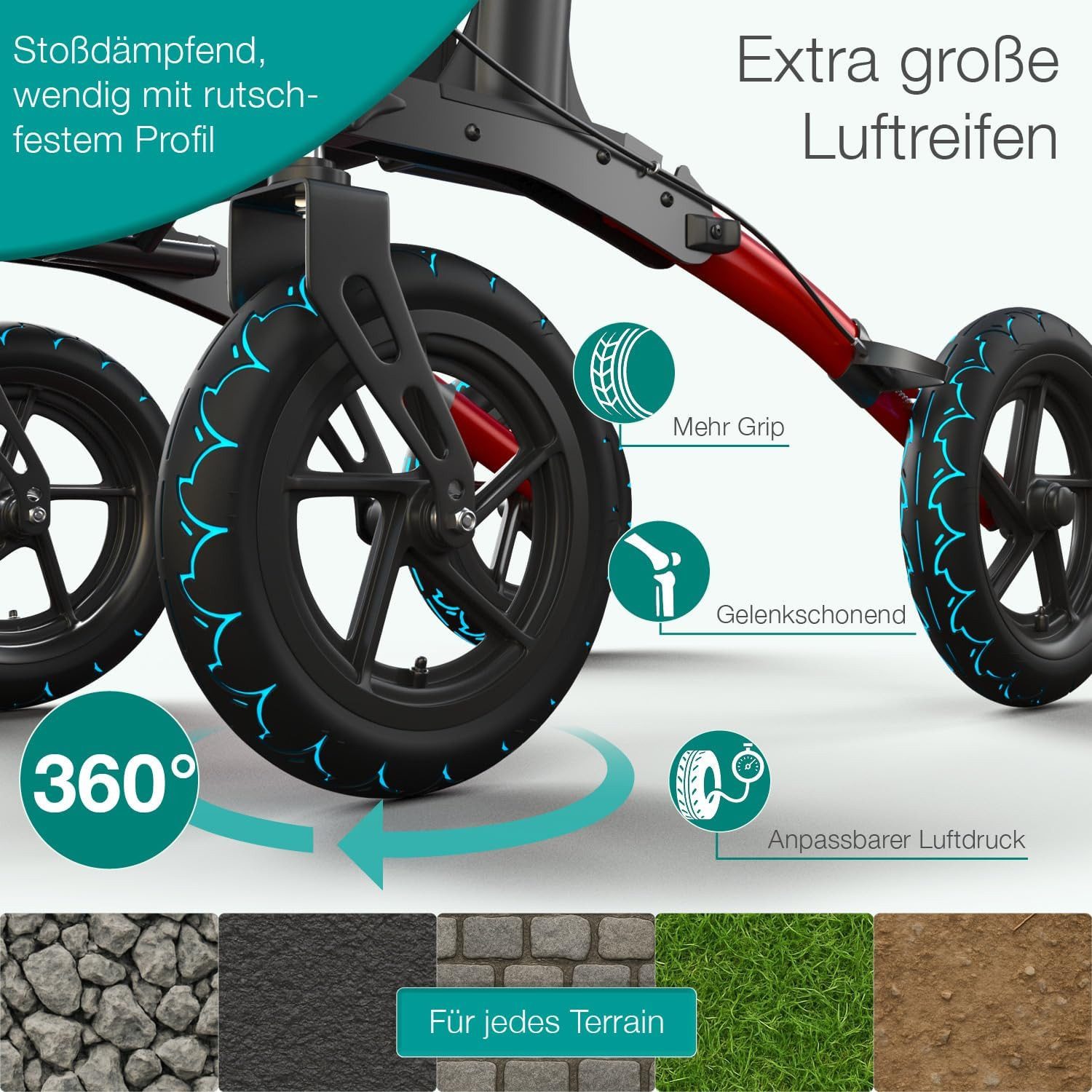 ELONEO Rollator faltbar & leicht, Outdoor Rollator mit Sitz & Luftbereifung, Klick & Go System, feststellbare Bremse, Lufträder