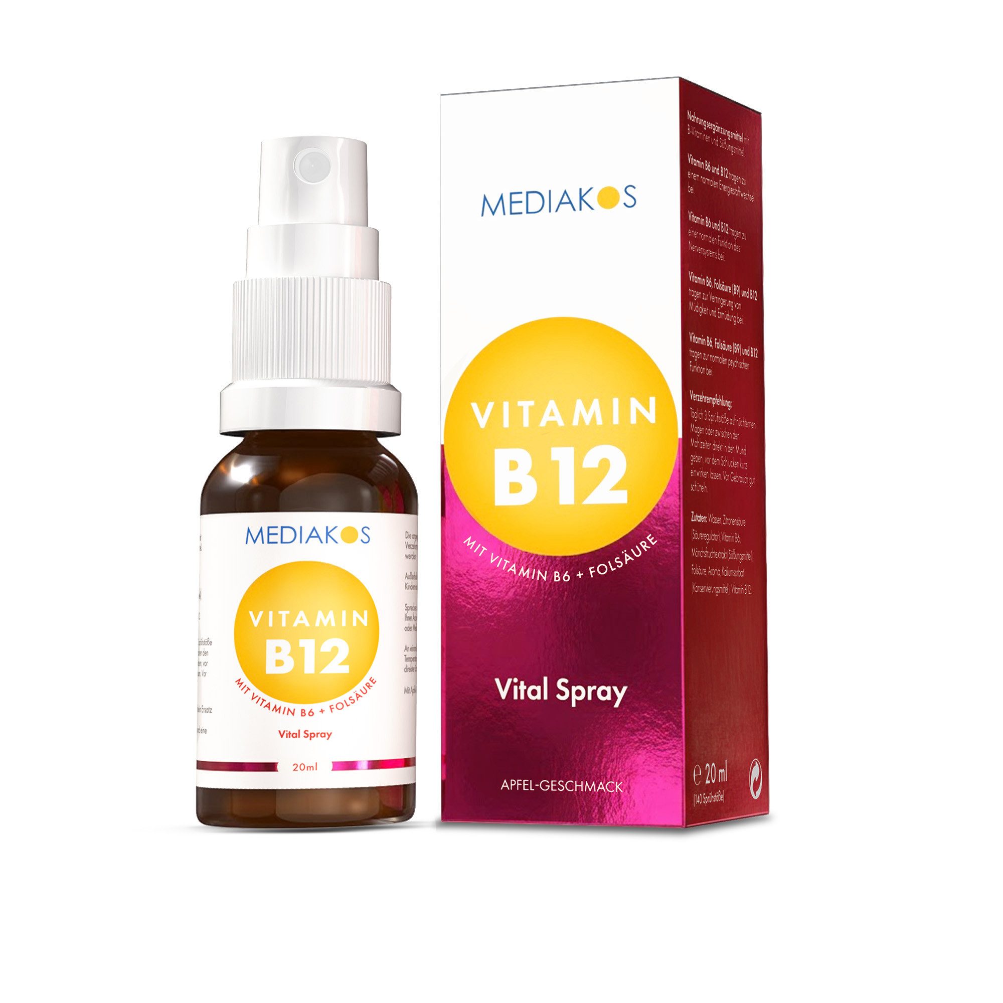 Mediakos Mediakos Vitamin B12 + B6 + 600µg Folsäure Vital Spray, für Energie, Nerven & Psyche – auch bei Kinderwunsch und Schwangerschaft – Vegan à 20 ml