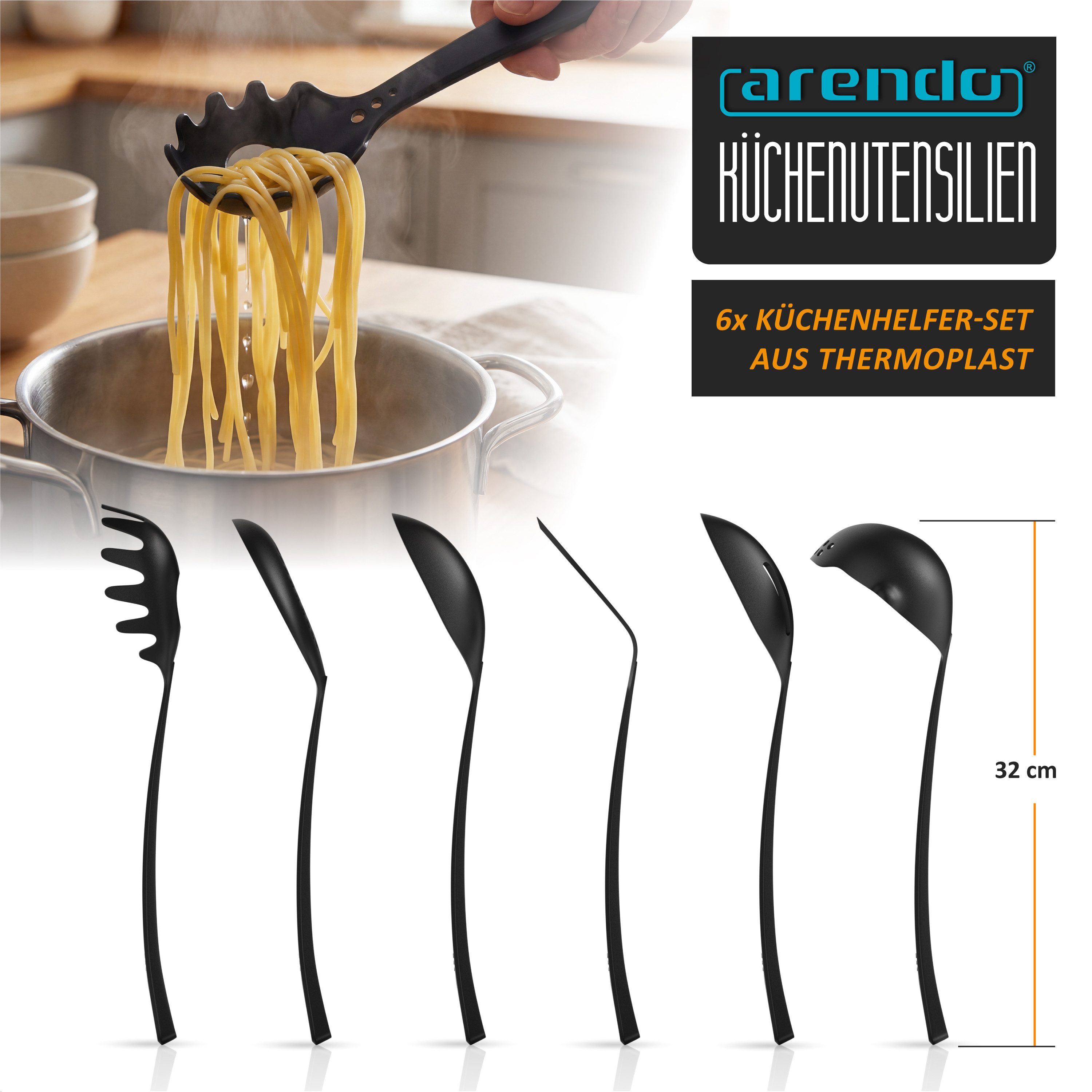 Arendo Kochbesteck-Set Küchenhelfer 6er Set, spülmaschinenfest, kratzfrei & lebensmittelecht (Set, 6-tlg., robuste Suppenkelle, Pasta-, Schaum-, Seih- & Servierlöffel, Wender), Küchenutensilien für beschichtete Pfannen & Töpfe, hitzebeständig