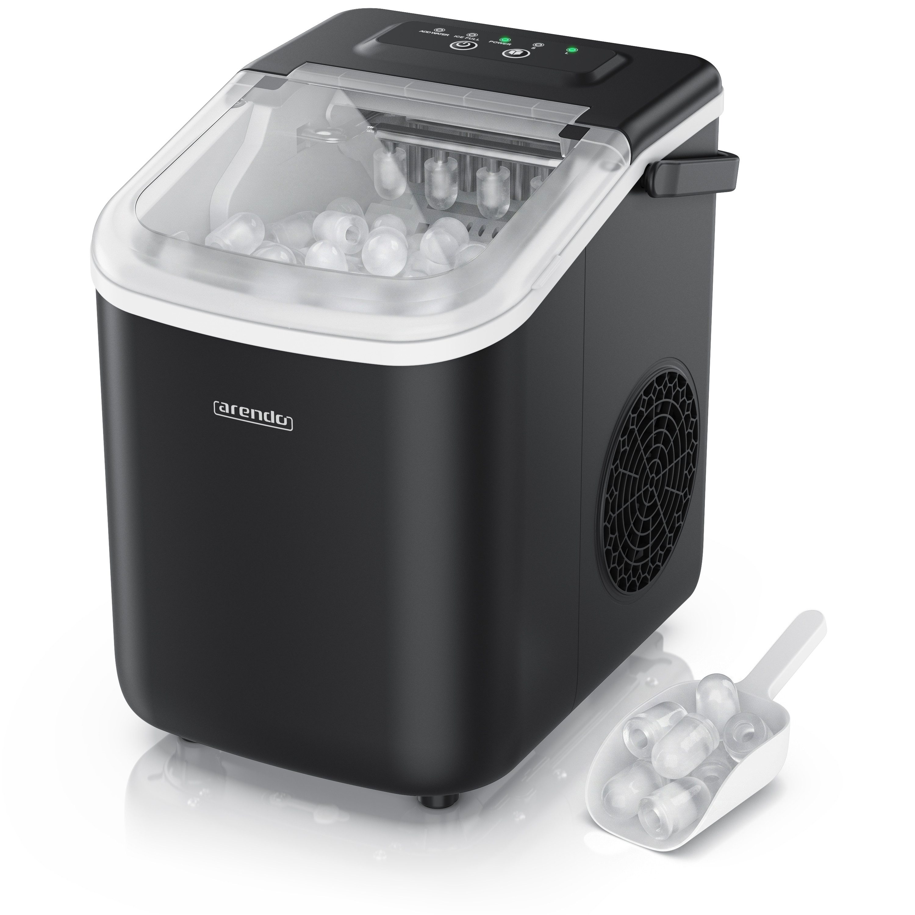Arendo Eiswürfelmaschine Ice Maker Eiswürfelbereiter, max. 12kg Eiswürfe pro Tag, 1,1L Behälter, Eiswürfelautomat 2 Bullet-Größen, Sichtfenster, Tragegriff, doppelwand