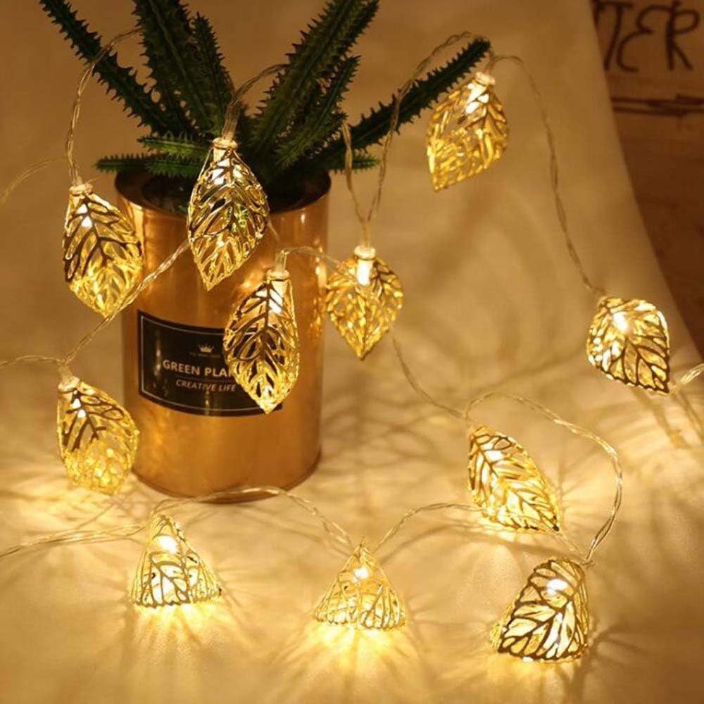 Rosnek LED-Lichterkette 1.5/3M, Blätter, Gold Warmweiß, Metall, Deko, für Wohnzimmer; Party Weihnachtsbaum Batterie Schlafzimmer