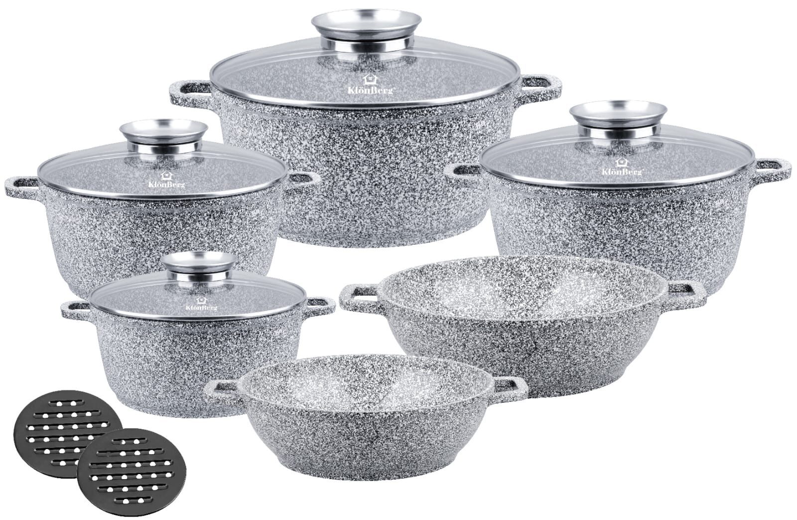 KlönBerg Topf-Set Steintöpfen in verschiedenen Größen mit zwei niedrigen Кастрюлиn, Aluminiumguss, Aluminium, Keramik, Edelstahl (Passt in jede Küche! 1.2L / 2.3L / 2.5L / 4.1L / 4.5L / 6.5L, 12-tlg., Es ist eine perfekte Geschenkidee für jeden Anlass), Innovative Aroma Knob-Griffe