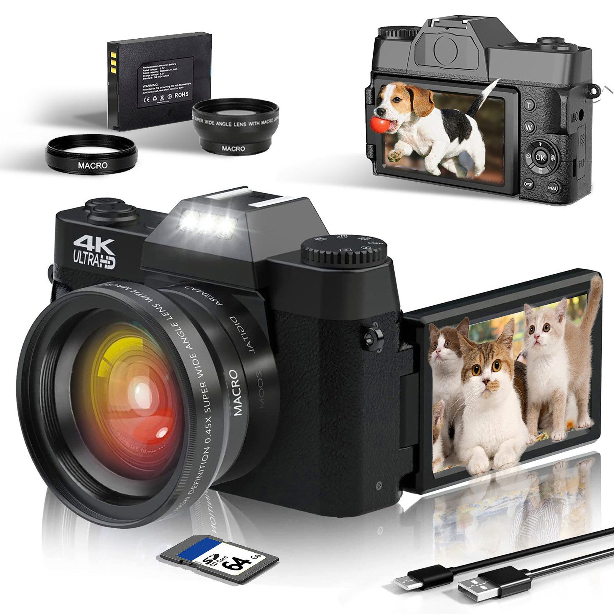 Digitalkamera 4K, 48MP Fotokamera mit 180° Flip 3.0" Bildschirm, Systemkamera