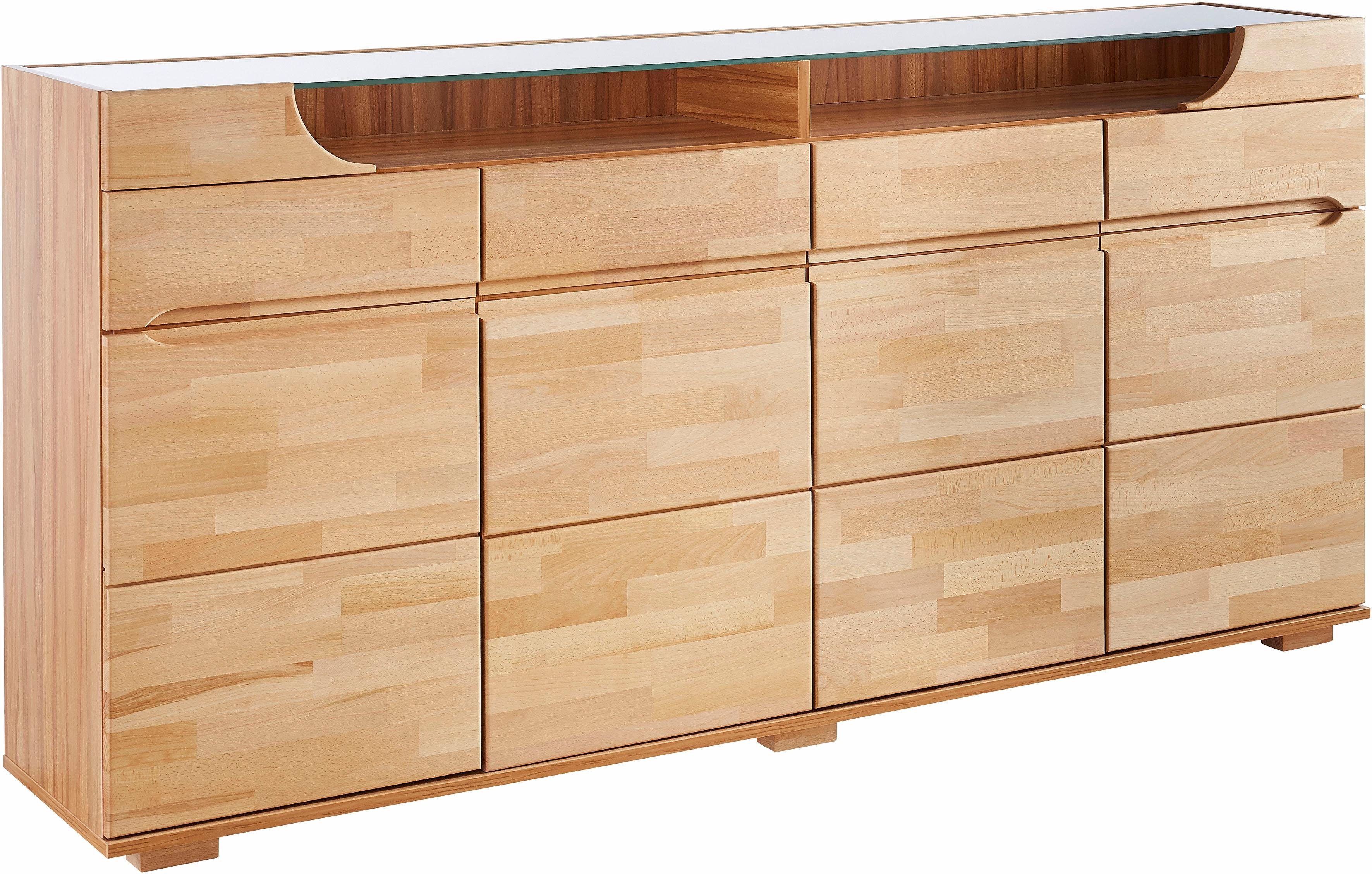 OTTO home Sideboard Vetro,200cm breit,40 cm tief,4 Schubladen Oberplatte aus Glas, Kernbuche massiv, Holzwerkstoff, 4Türen,4 Schubladen, Griffmulden