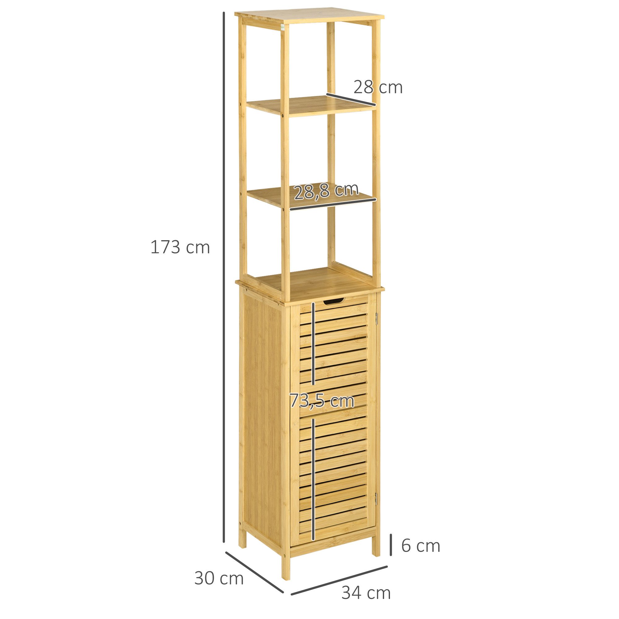 Kleankin Badkommode Badschrank Hochschrank mit 3 offenen Fächer und 1 Schrank, Bambus (Badmöbel, 1 St., Badezimmerschrank), Natur 34 x 30 x 173 cm – Bild 3 von 5