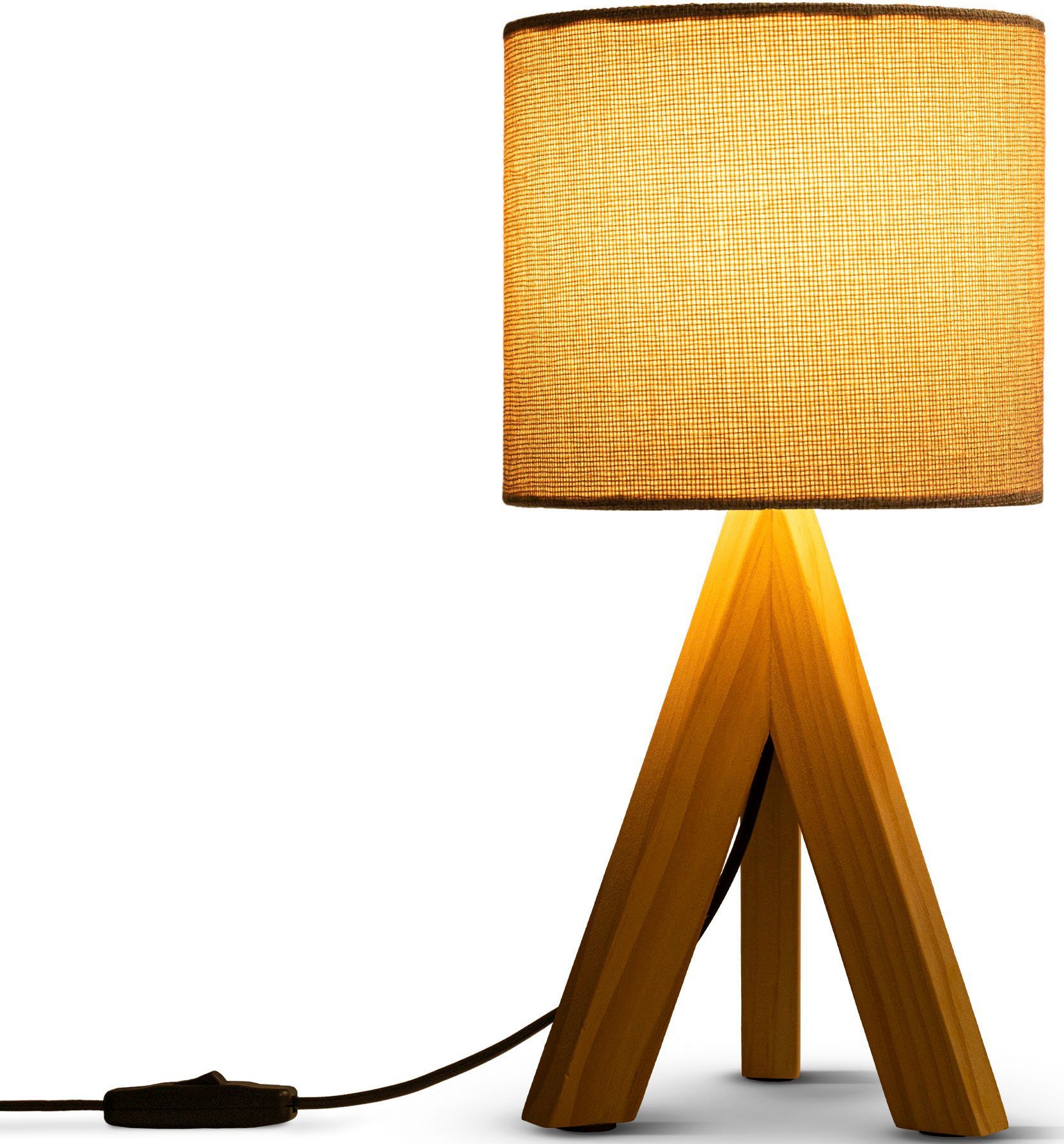 Paco Home Tischleuchte BAJO CANVAS UNI COLOR, ohne Leuchtmittel, Dreibein massiv Holz, Textilschirm uni Leinen, Ø 17 cm, H. 35 cm