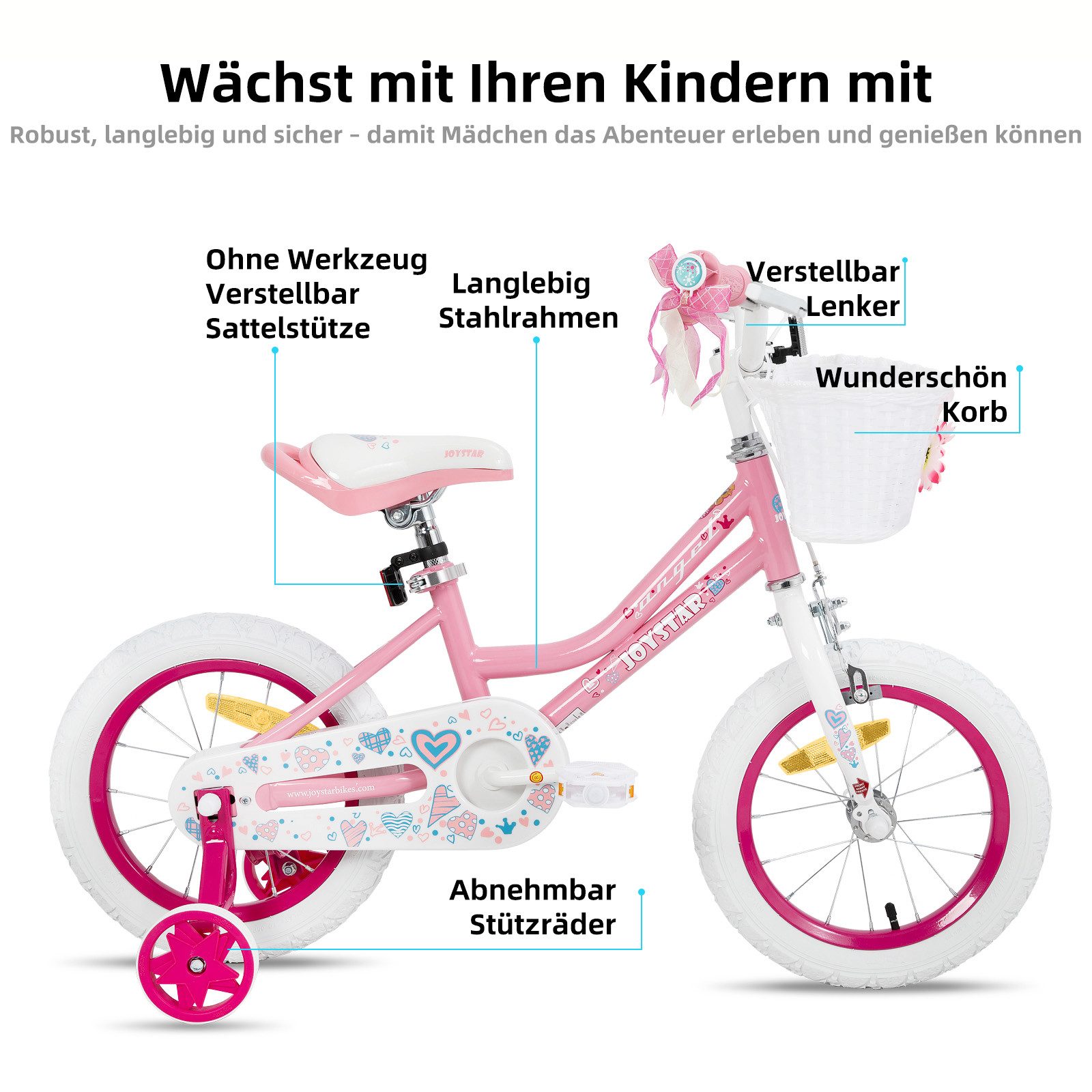 JOYSTAR Kinderfahrrad 12 14 16 18 Zoll Mädchenfahrrad, 3 - 9 Jahre,Geschenk für Prinzessin, 1 Gang, Mit Hilfsrädern, farbigen Bändern, Korb, Reflektor, Kettenabdeckung