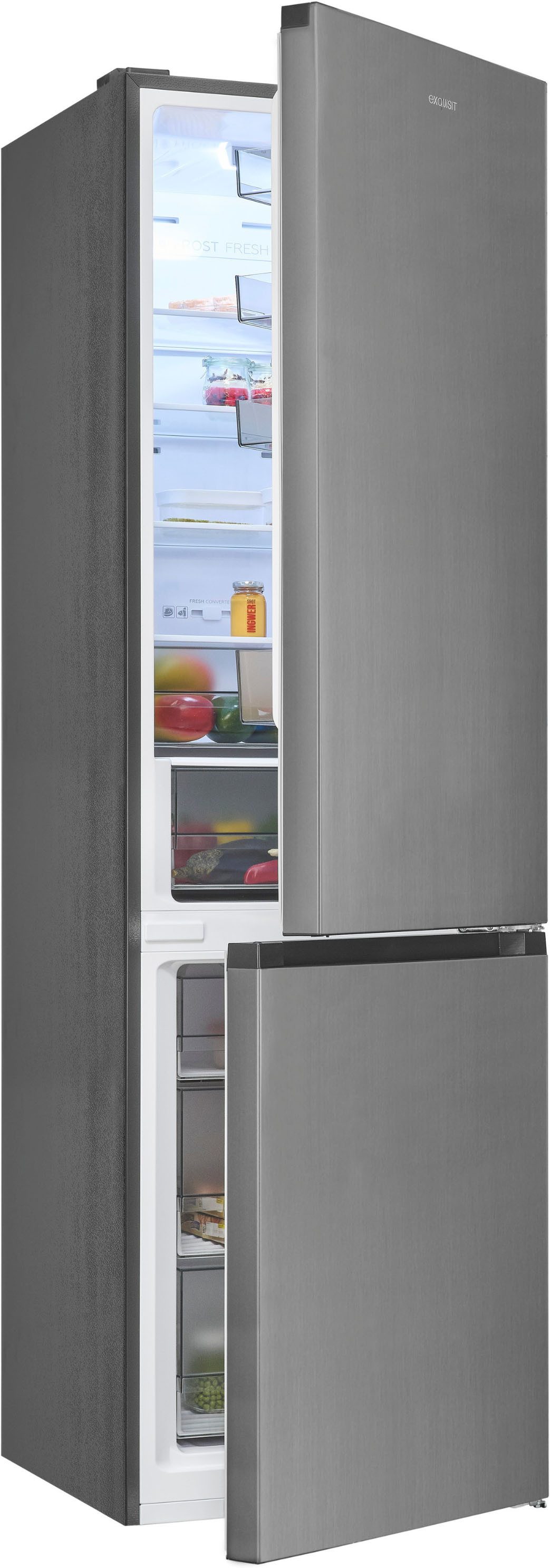 exquisit Kühl-/Gefrierkombination KGC380-115-NF-040C inoxlook, 200,5 cm hoch, 59,5 cm breit, Humidity Box für optimale Feuchtigkeitsregulierung & kein Abtauen mehr