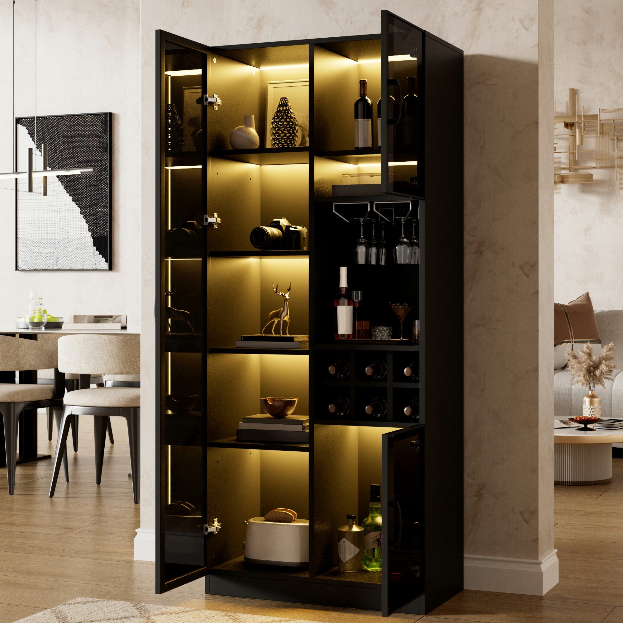 Merax Vitrine mit LED Beleuchtung, Weinregal mit Glasaufhängung (1-St., 60 L x 36 B x 160 H cm) Glasschrank mit Glastüren, Wohnzimmerschrank Hochvitrine mit Stauraum