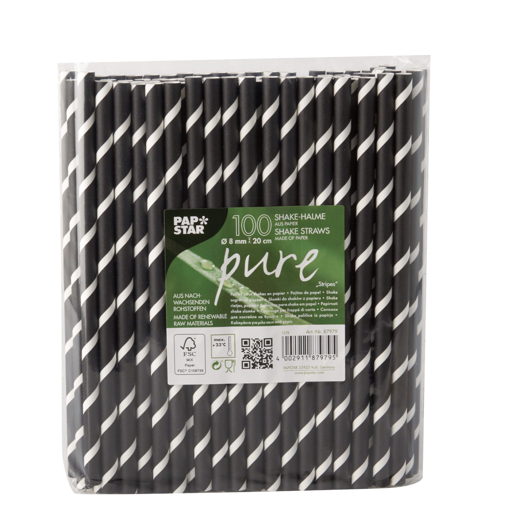 "Stripes" schwarz/weiss Ø Shake-Halme, Papier mm PAPSTAR Trinkhalme · 100 20 8 cm