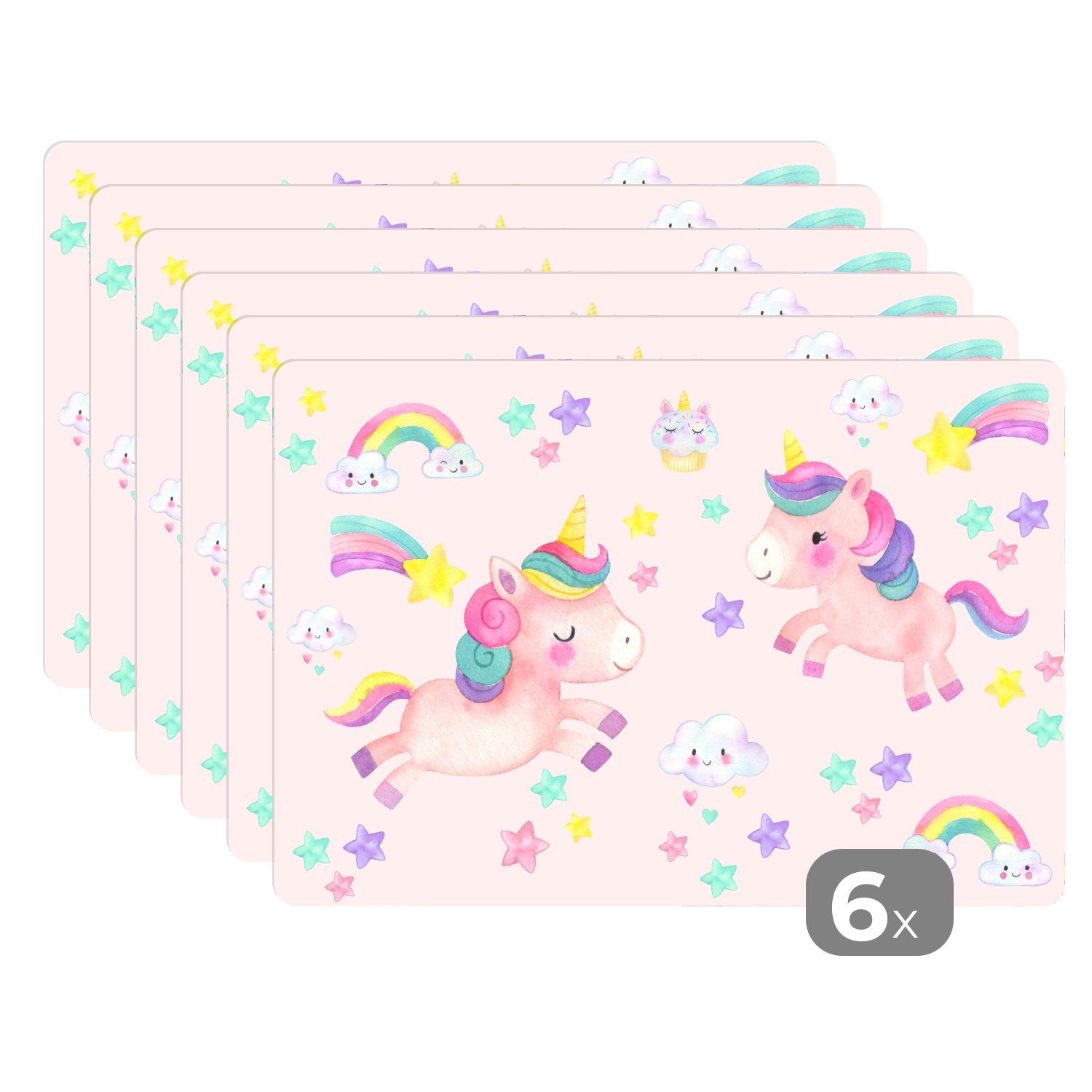 MuchoWow Platzset Einhorn - Regenbogen - Rosa - Mädchen - Kinder, (6-St), Platzset, Platzdecken, Platzmatte, Tischmatten, Schmutzabweisend