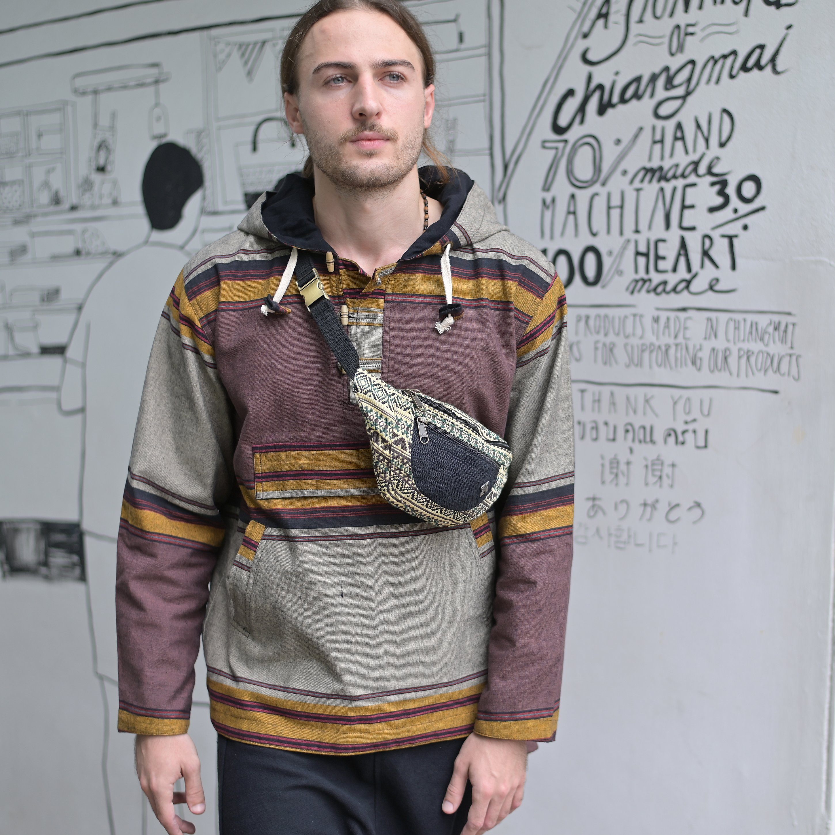 virblatt Kapuzenpullover Herren Baja Hoodie Vintage Pullover, Baumwolle, Hippie Goa Pullover Große Kapuze, Festes Canvas Material, Bauchtasche