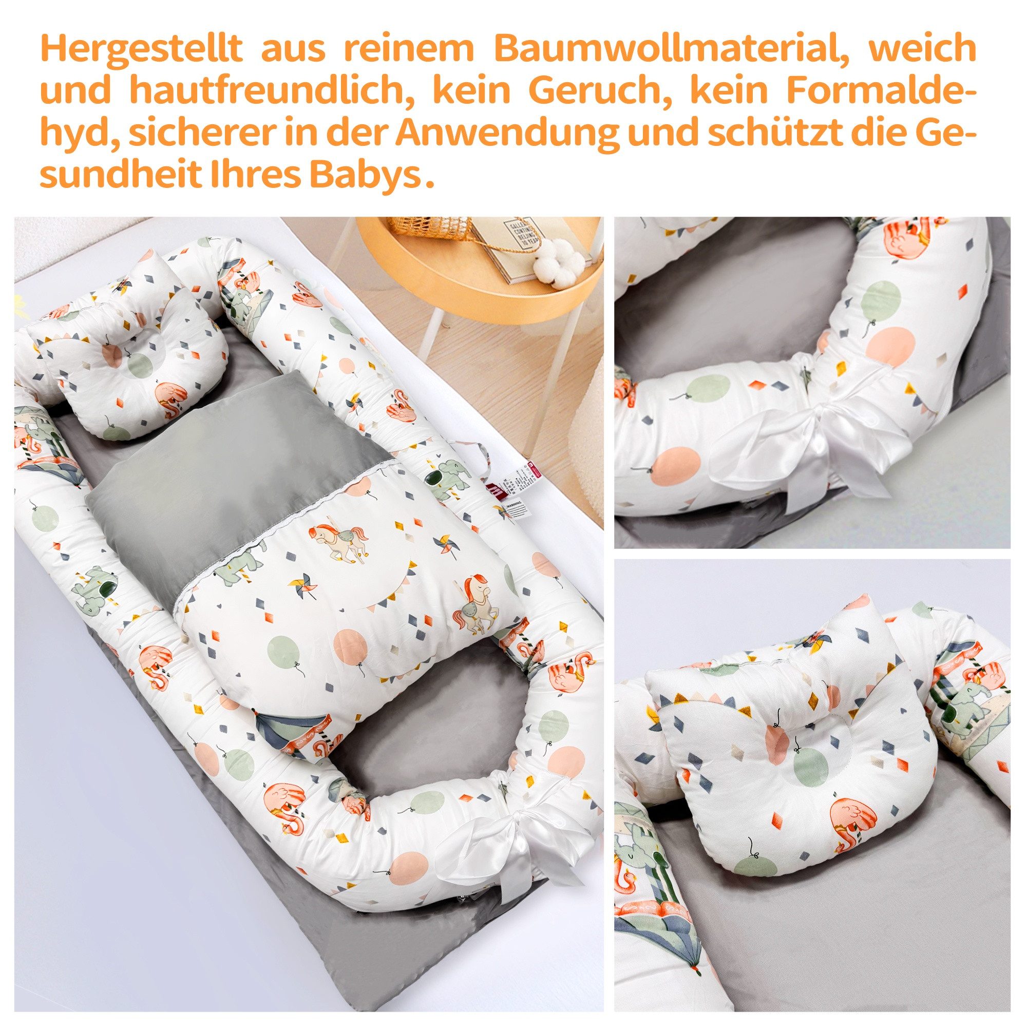 SEHAUSEU Kuschelnest Bettnestchen Babylounge Babykokon mit Decke und Kissen Wickelauflage – Bild 4 von 5