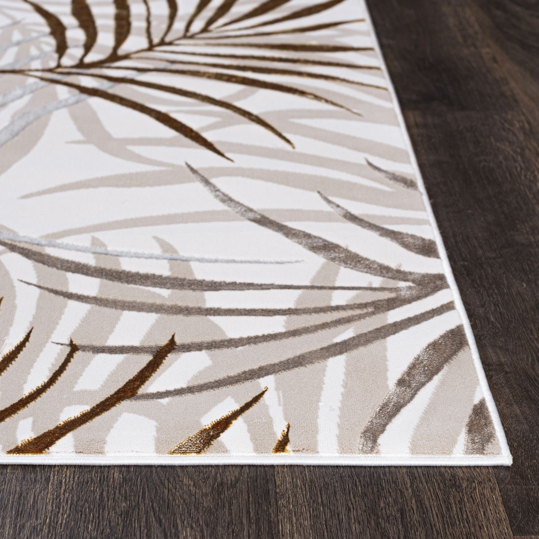 Mazovia Designteppich Modern Teppich für Wohnzimmer- Beige Creme mit Gold, 80 x 150 cm, Glänzende,Palmenzweige Feder,Modern,Höhe 10 mm,Weich,Pflegeleicht – Bild 4 von 5