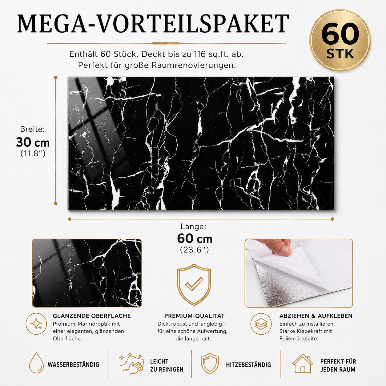 BlingBin Fliesenaufkleber Marmor, 60cm x 30cm Klebefliesen Wasserfest, 60 Stück Wandaufkleber (Selbstklebende Wandpaneele, 60 St., Maße je Paneel: 60 x 30 x 0,2 cm), für Küche, Bad und Wohnzimmer, Küchenrückwand zum Zuschneiden