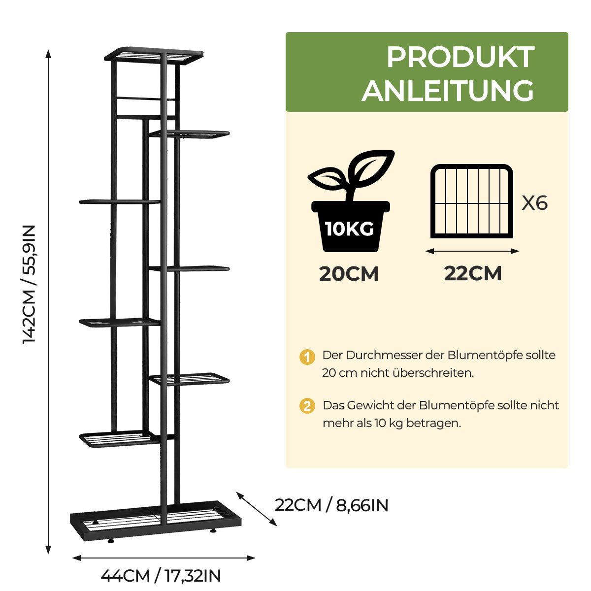 Simloveve 9-Tier Metal Plant Stand/Plant Shelf (Indoor/Outdoor), Dark Grey, 145cm High, for Garden or Balcony