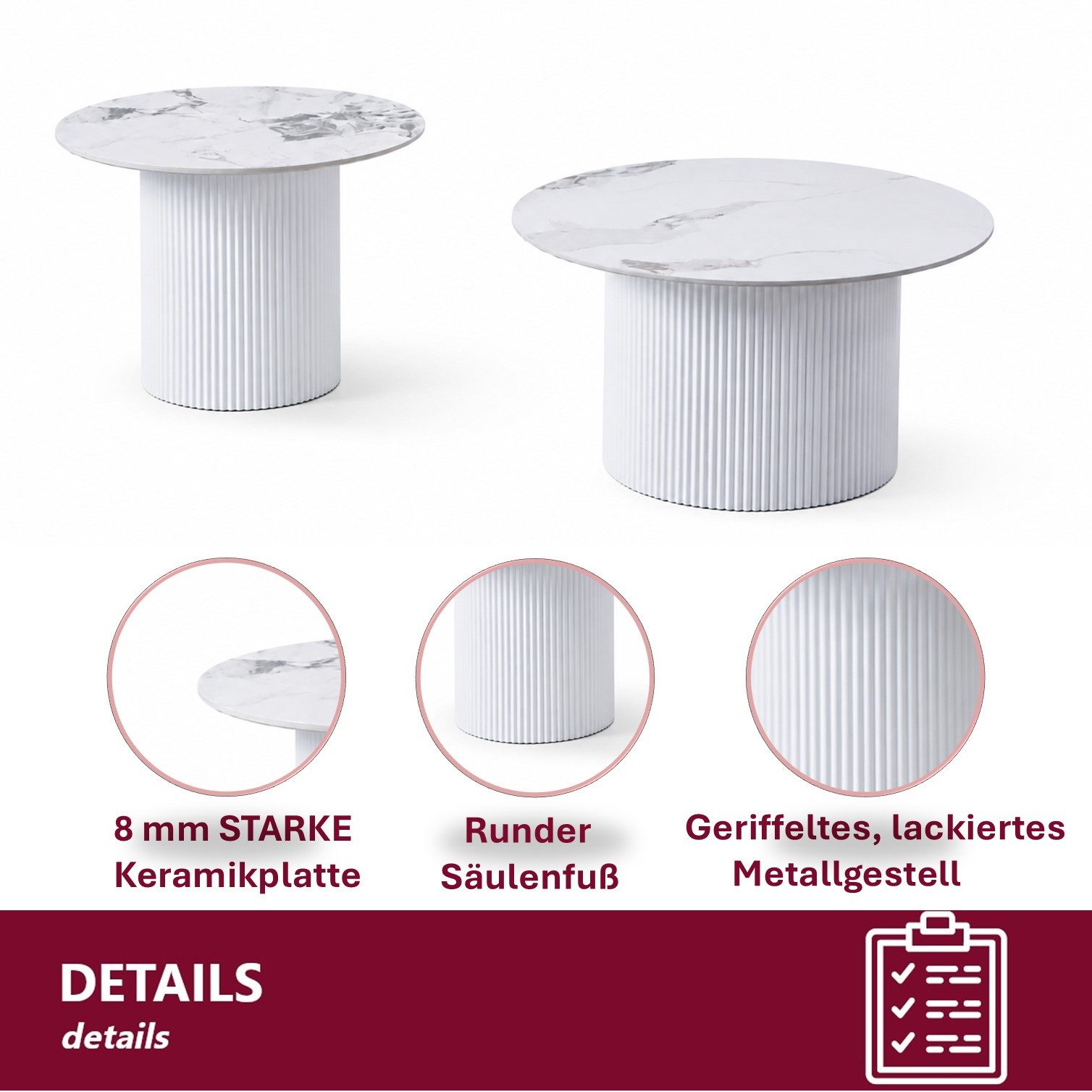HOOZ Couchtisch Wohnzimmertisch Keramik rund 2er Set Trommel Gestell Weiß 80 & 60 cm (Set, 2-St., 2× Satztisch), Sofatisch mit geriffeltem Gestell – stabil & pf – Bild 4 von 5