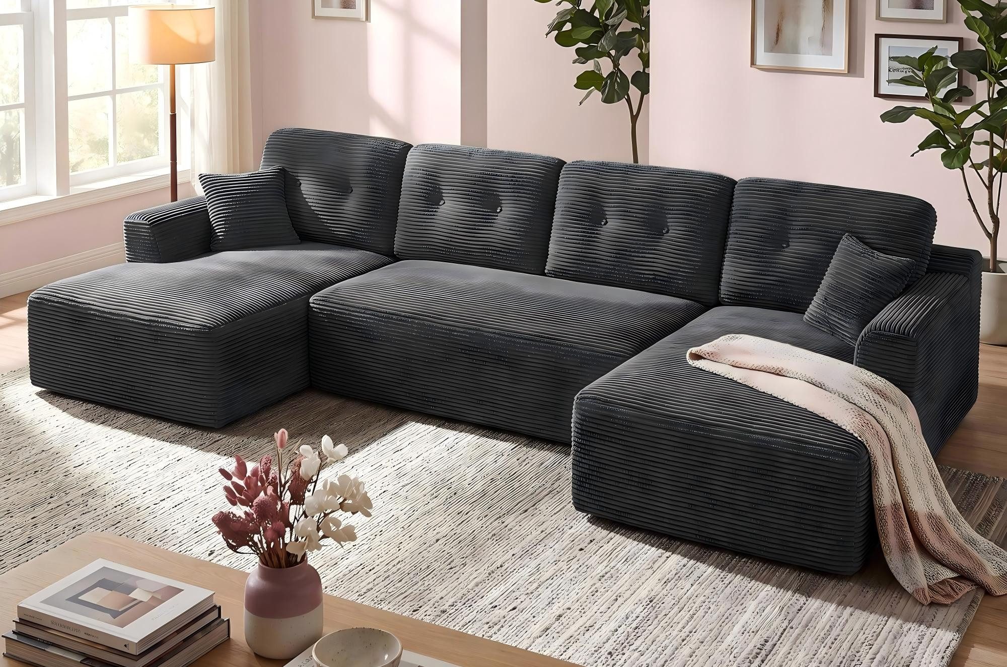 VASAGLE Wohnlandschaft U-Form, 6-Sitzer Modulares Cord Sofa, mit Kissen B: 336 cm, flexibel kombinierbar, Ecksofa,Schlafsofa für Wohnzimmer, Couch L-Form
