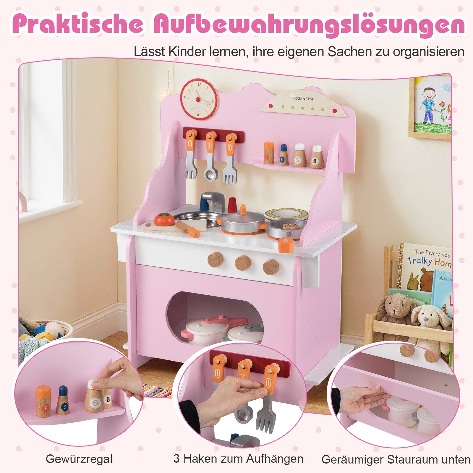COSTWAY Spielküche MDF, Massivholz, Edelstahl, Mit Uhr, Herd, Gewürzregal, Wasserhahn, Spüle & Ofen