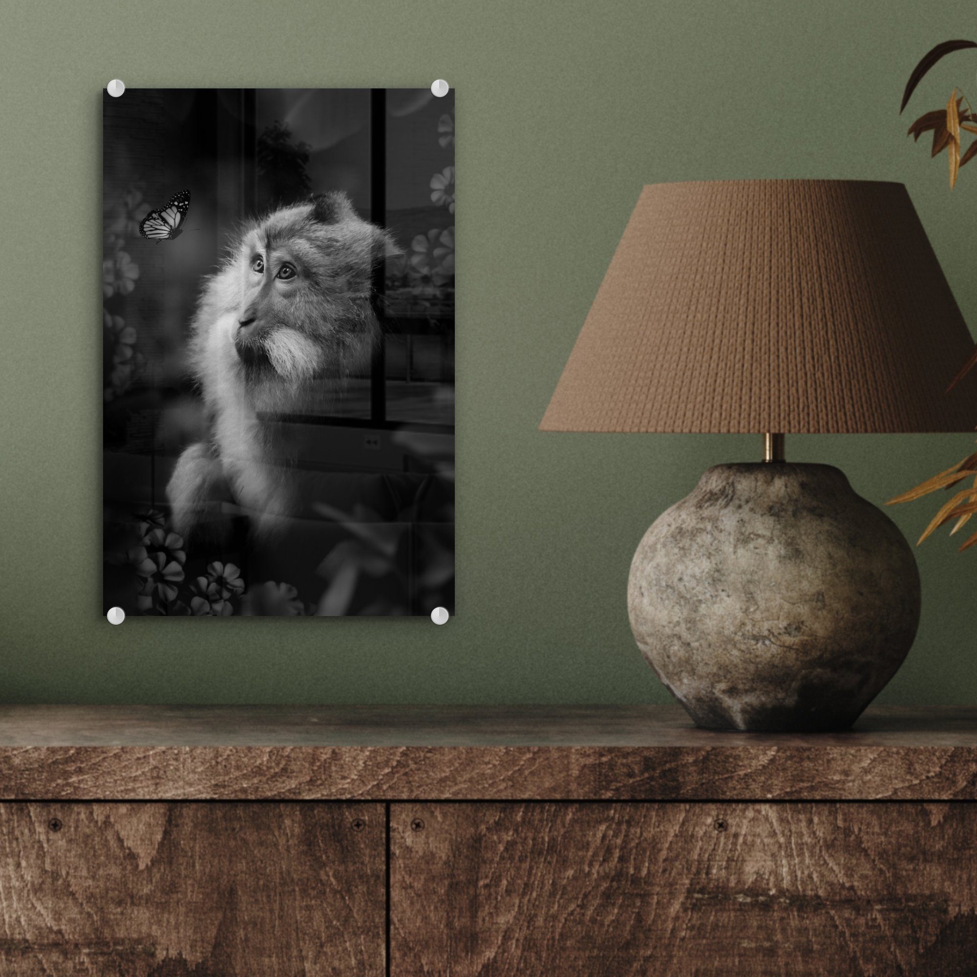 Glas MuchoWow (1 Wandbild - Bilder - schwarz St), Foto - und im bunt Wanddekoration auf Schmetterling Glasbilder Affe Dschungel auf Glas und - Acrylglasbild weiß,