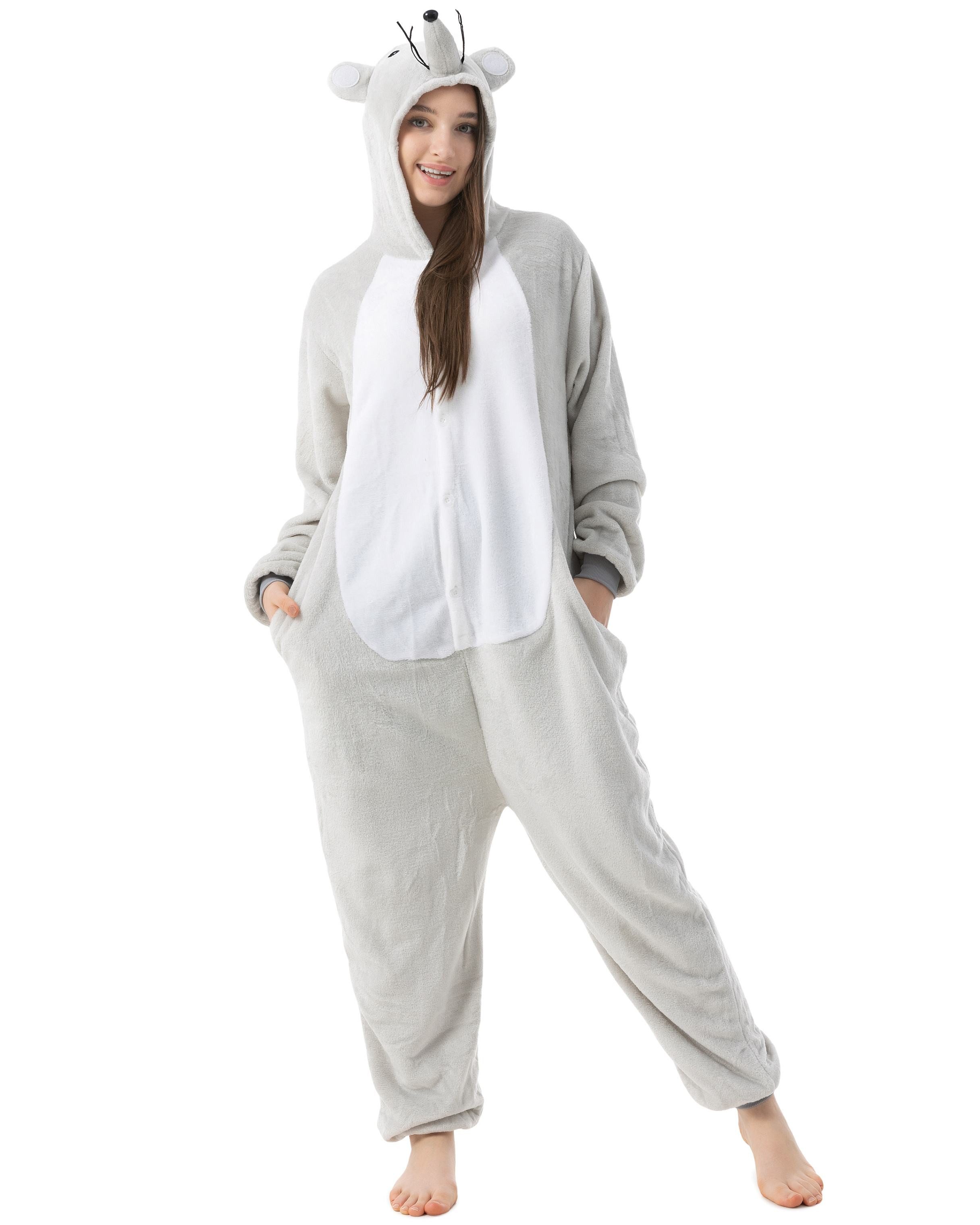 Katara Partyanzug Waldtiere Jumpsuit Kostüm Overall Erwachsene S-XL, Karneval - Kostüm, Kigurumi - Maus Grau S (145-155cm)