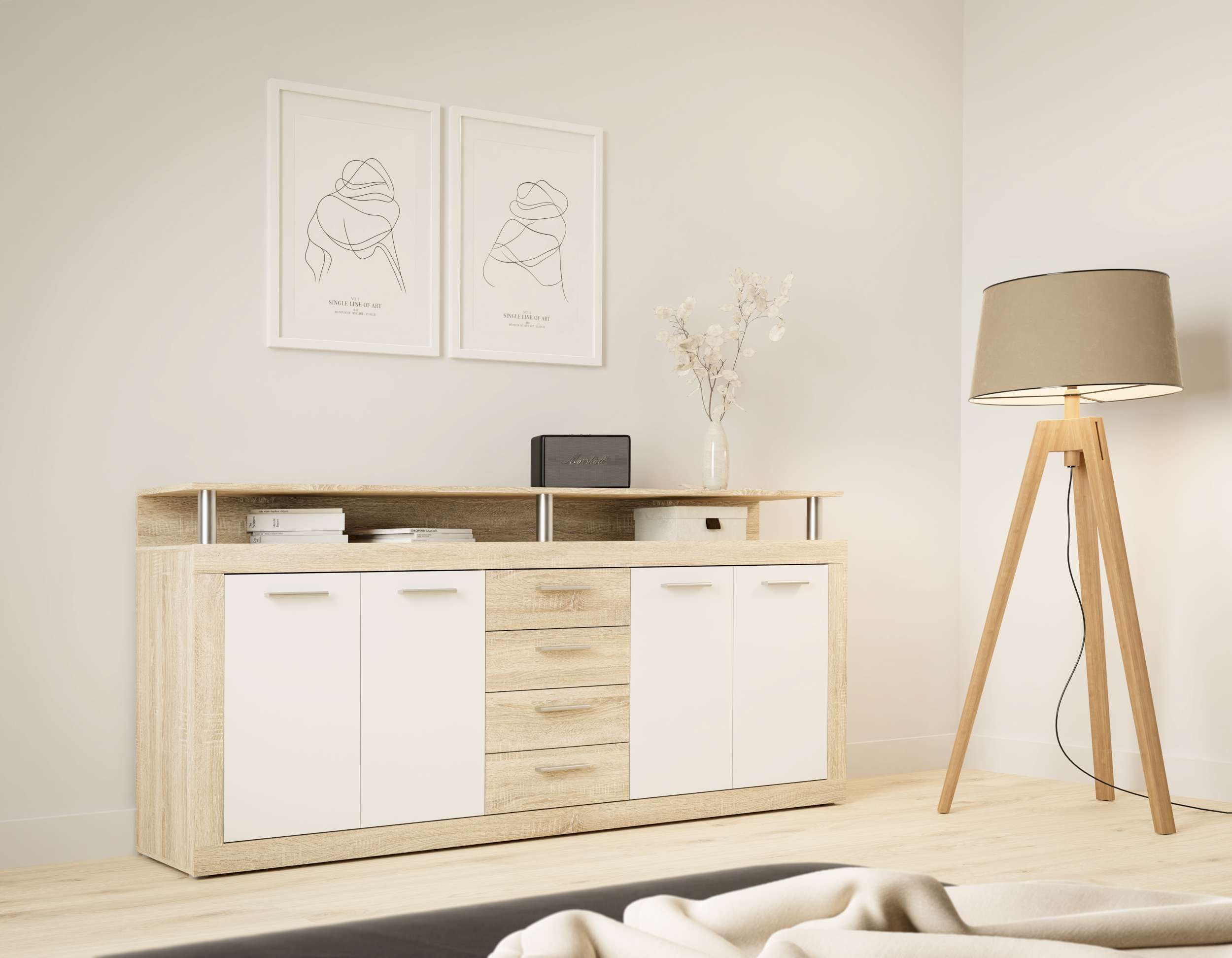 99rooms Kommode Sova (Sideboard, Kommode, Schrank), 1 offenes Fach, 4 Türen, 4 Schubladen, viel Stauraum, Modern Design