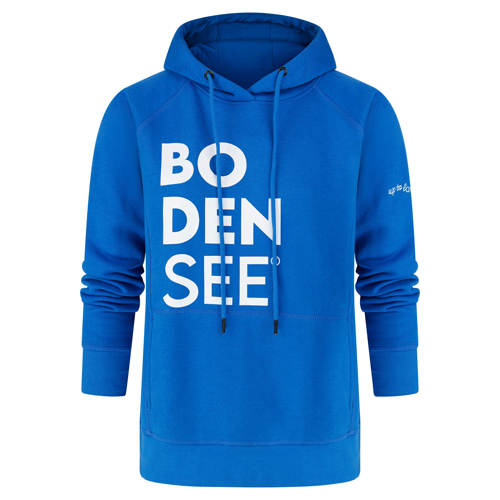 uptolake design Hoodie für Damen in weicher Bio Baumwolle mit Bodensee Schriftzug Cobalt-Blau/Weiß