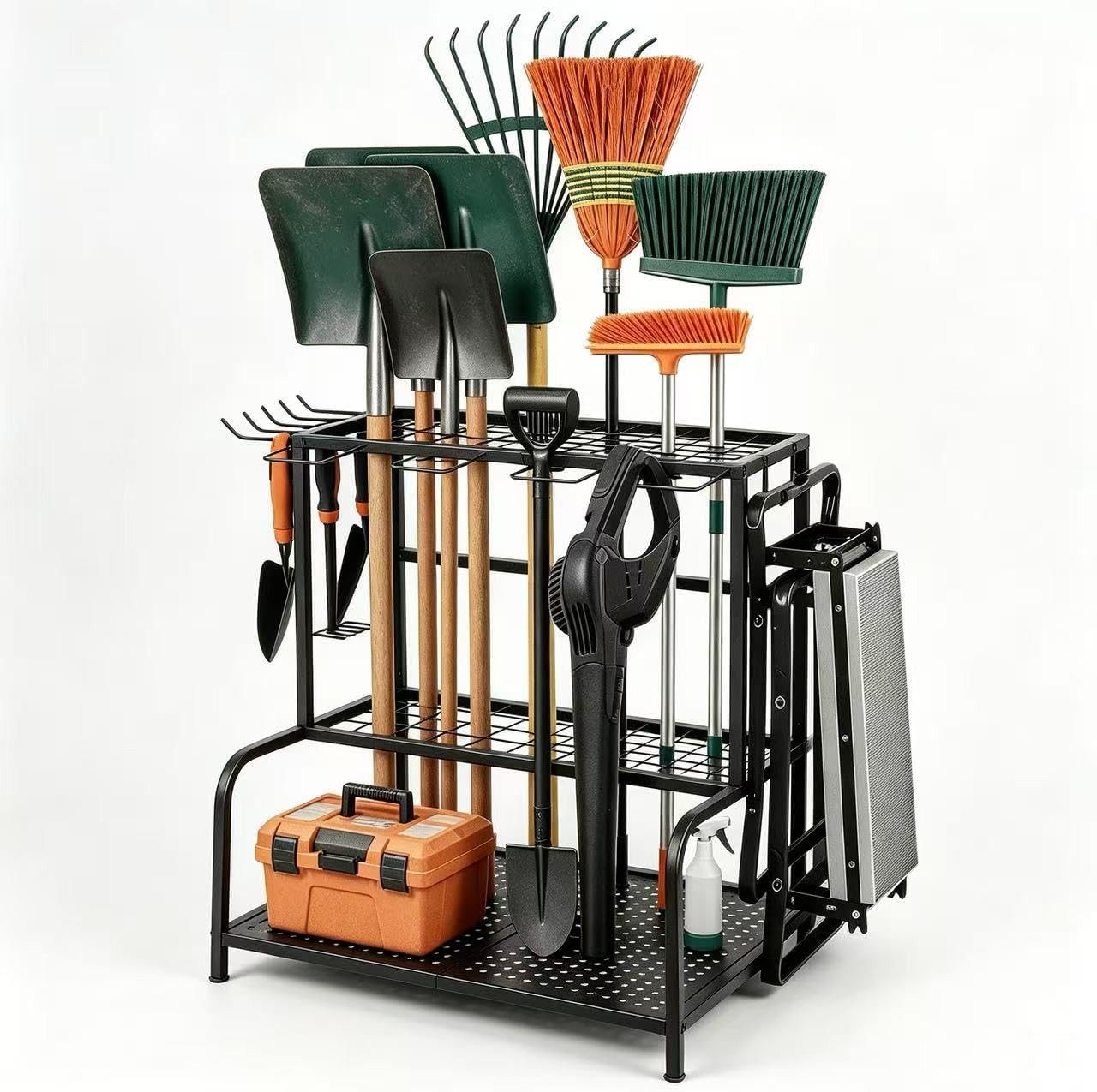 Forrlite Gartengerätehalter Werkzeugständer, Werkzeugregal für Garten, (Geräteorganizer für Garage, Keller, Schuppen und Terrasse, 74 × 41 × 66 cm, 3 Ebenen, 11 Haken, Stahl, bis 90 kg)