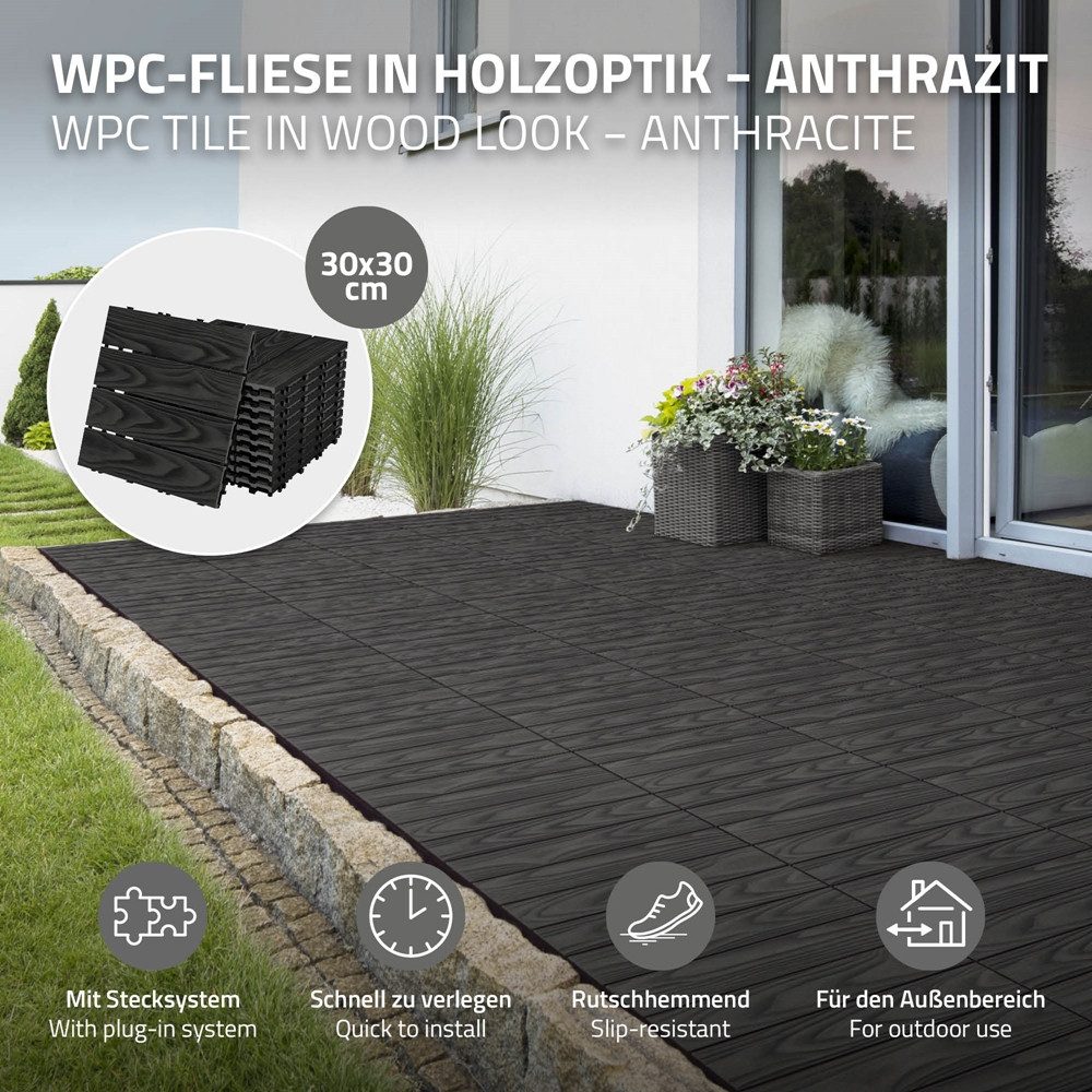 ECD Germany Terrassendielen WPC Bodenplatte Terrassenfliesen Fliesen mit Drainage und Klicksystem, BxL: je 30x30 cm, Bodenbelag 1m²/11 Stück Anthrazit rutschfest Balkonfliesen