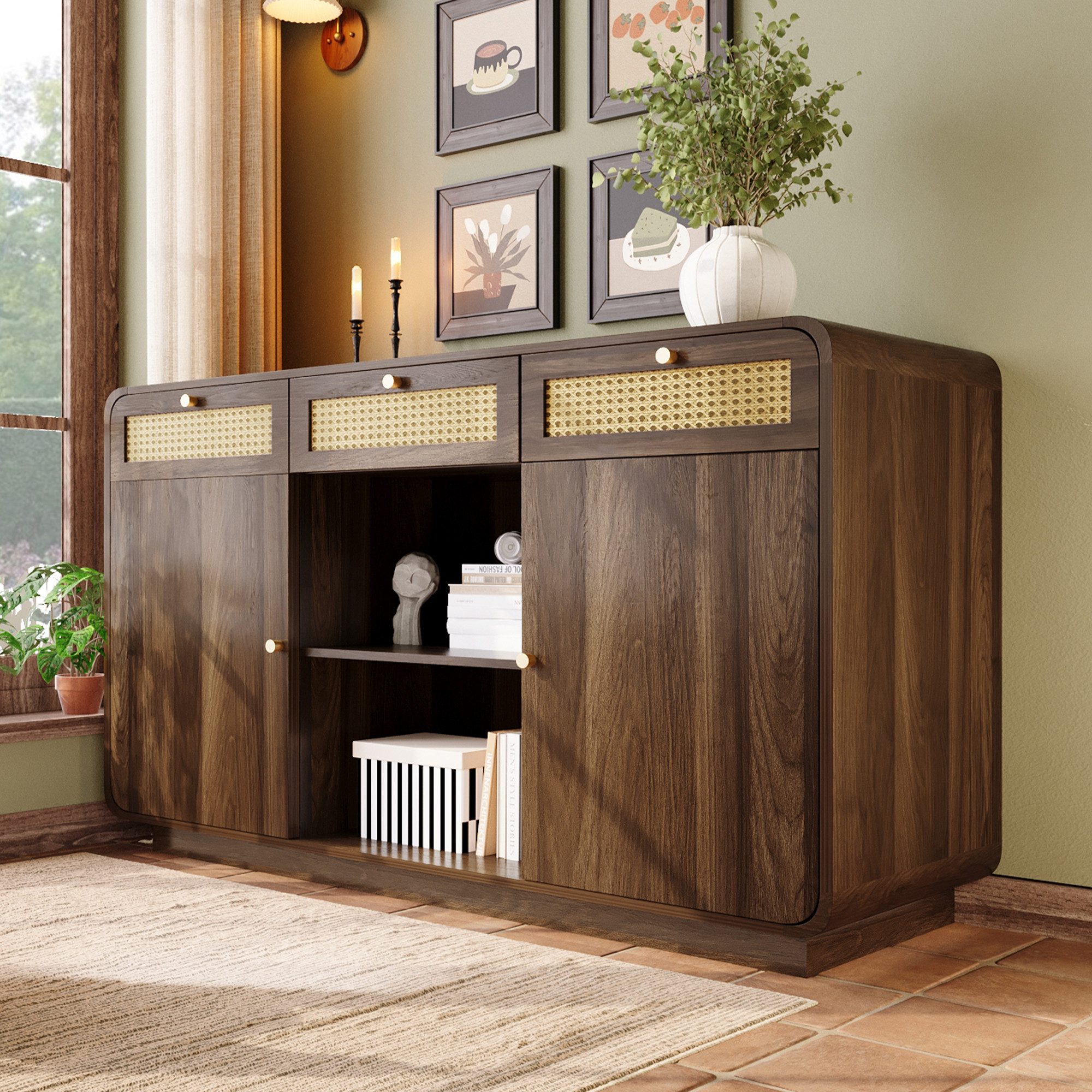 Flieks Kommode mit Rattan-Schubladen und verstellbaren Einlegeböden (1 St., H85/B120/T40 cm), Sideboard Mehrzweckschrank Holzschrank Nussbaumfarbe