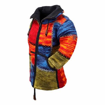 KUNST UND MAGIE Strickjacke Damen Strickjacke Wolle Bunte Patchwork Jacke+Fleecefutter&Hochkragen