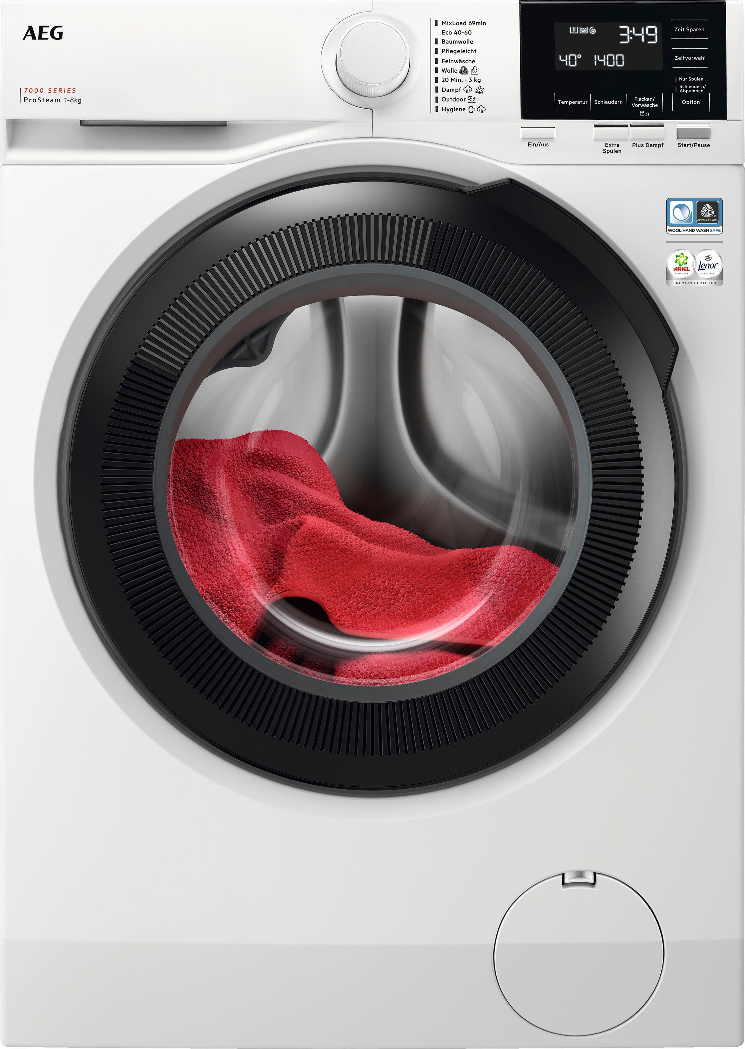 AEG Waschmaschine 7000 LR7G60480, 8 Wasserverbrauch 96 % U/min, ProSteam 1400 kg, für weniger - Dampf-Programm