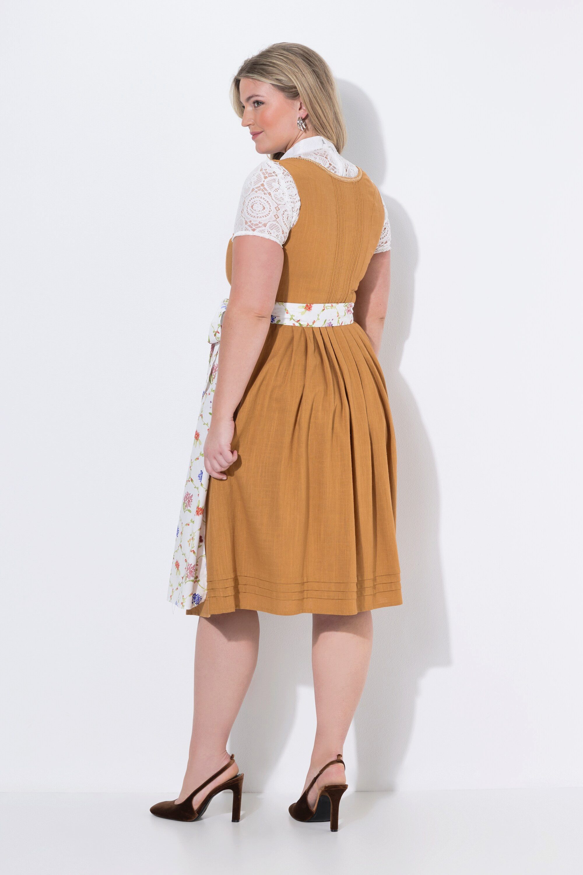 Ulla Popken Dirndl Leinenmix-Dirndl Biesen Blüten Carré-Ausschnitt