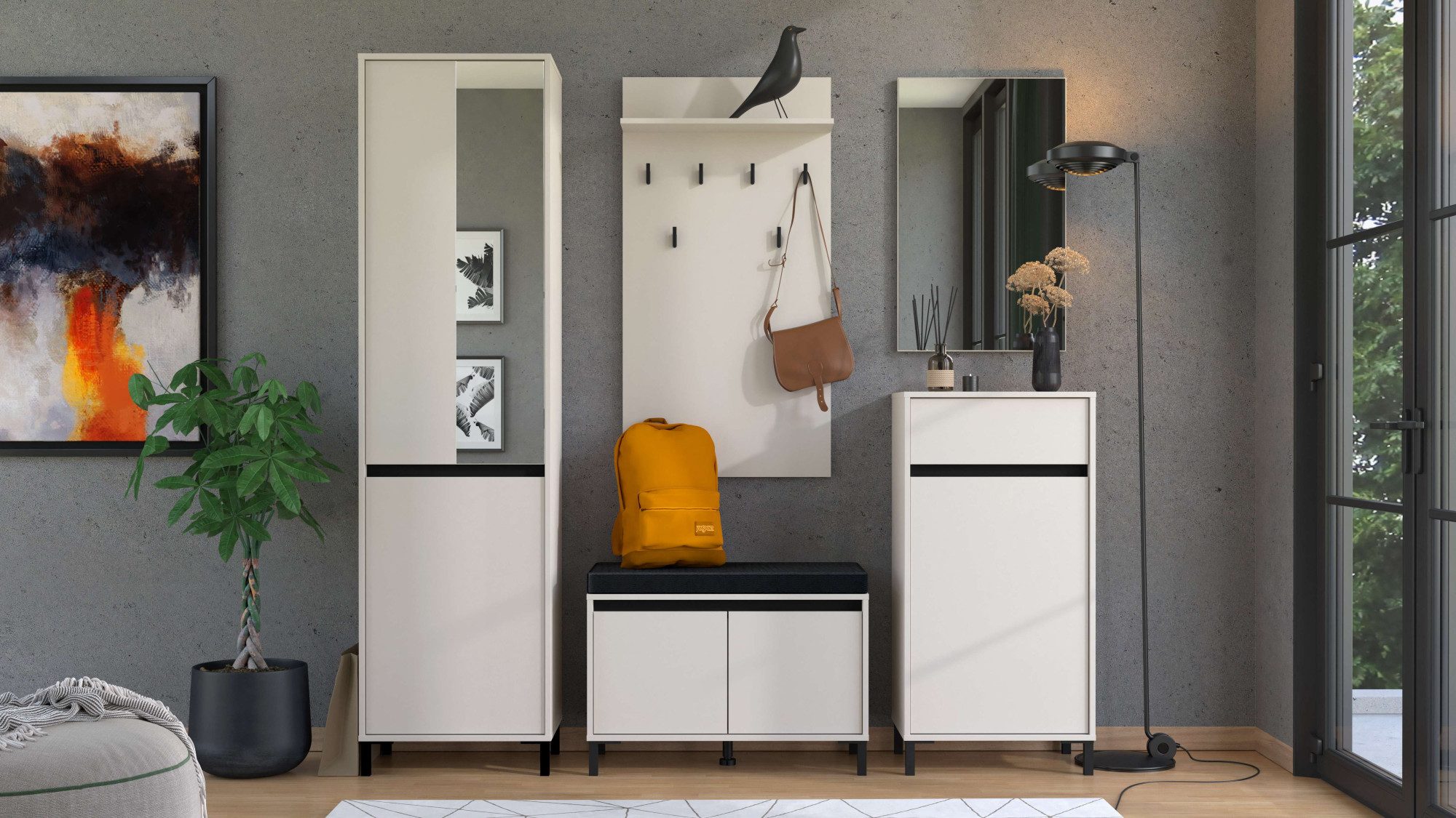 Home affaire Garderoben-Set Arran Flurmöbel, Dielenmöbel, Flurschrank, Flurgarderobe Breite 189 cm, (5tlg), inkl. 2 Schränke, Sitzbank mit Kissen, Garderobenpaneele und Spiegel