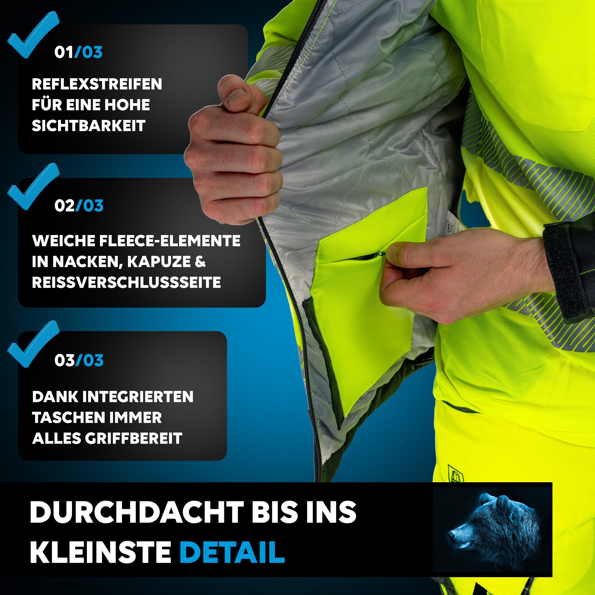 PRO FIT Arbeitsjacke Winter Warnschutz-Softshelljacke - Neongelb/Schwarz, Wasserabweisend, Winddicht, Abnehmbare Kapuze, Atmungsaktiv, Reflektor