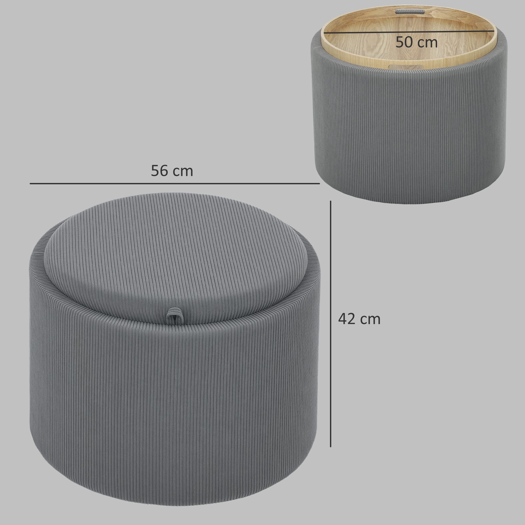 HOMCOM Sitzhocker Runder Hocker mit Stauraum (Polsterhocker in Cordoptik für Wohnzimmer, 1 St., Grau), Ø56 x 42 cm