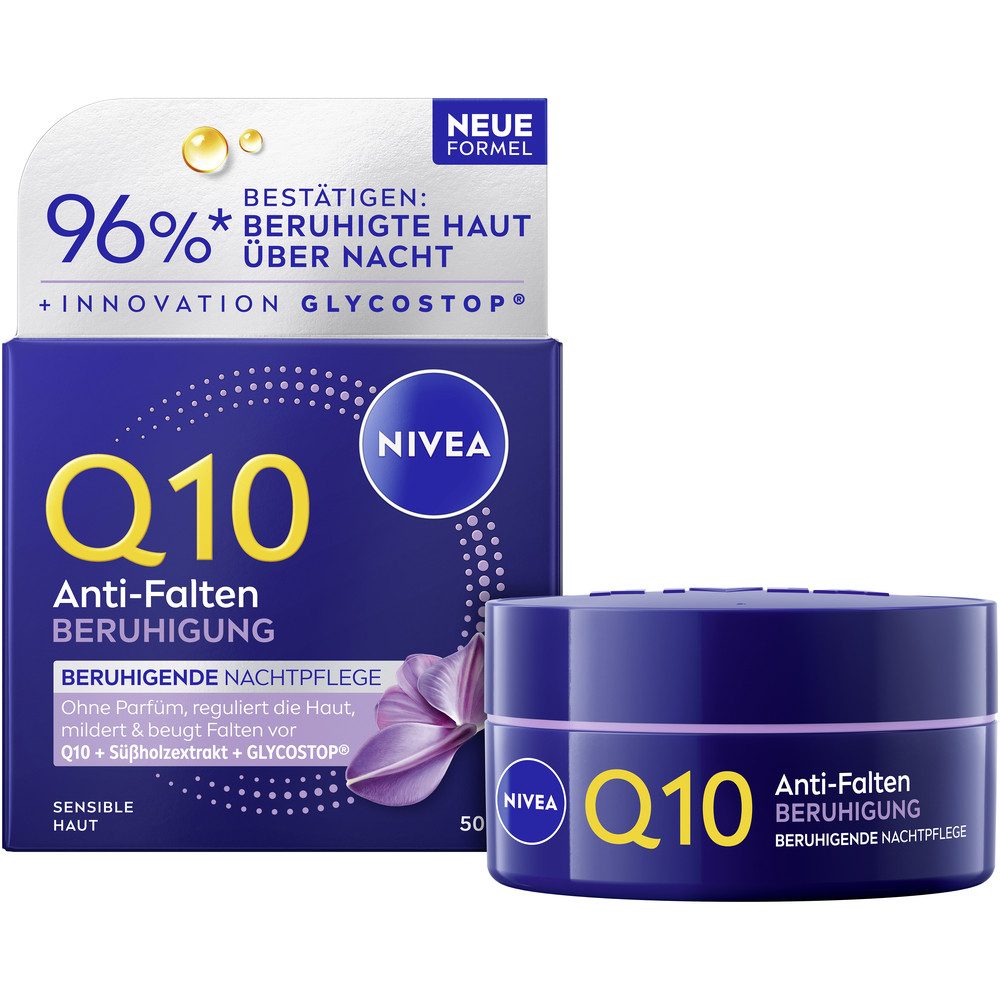 Nivea Nachtcreme Q10 ANTI-FALTEN BERUNIGUNG NACHTPFLEGE, mit Glycostop, Creme-Textur, für das Gesicht, ohne Parfum