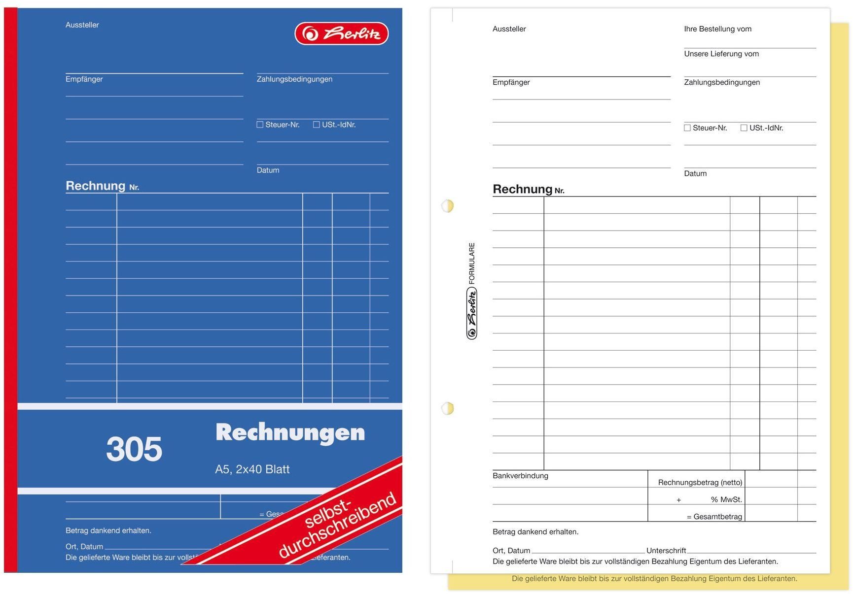 Formularblock Formularbuch Rechnung A5 305 2x40 Blatt selbstdurchschreibend 4er