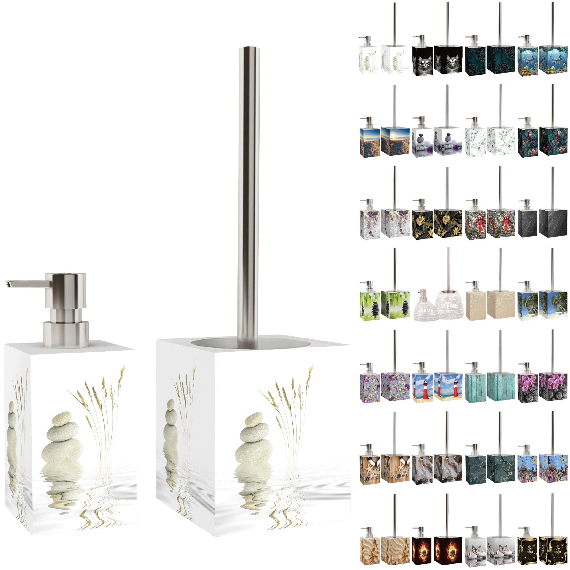 Sanilo Badaccessoire-Set mit Motiv, viele schöne Seifenspender und WC Bürsten zur Auswahl, Klobürste mit auswechselbaren Bürstenkopf, 2 tlg., 2-tlg., Desinfektionsspender mit stabiler Pumpe, hochwertig & modern